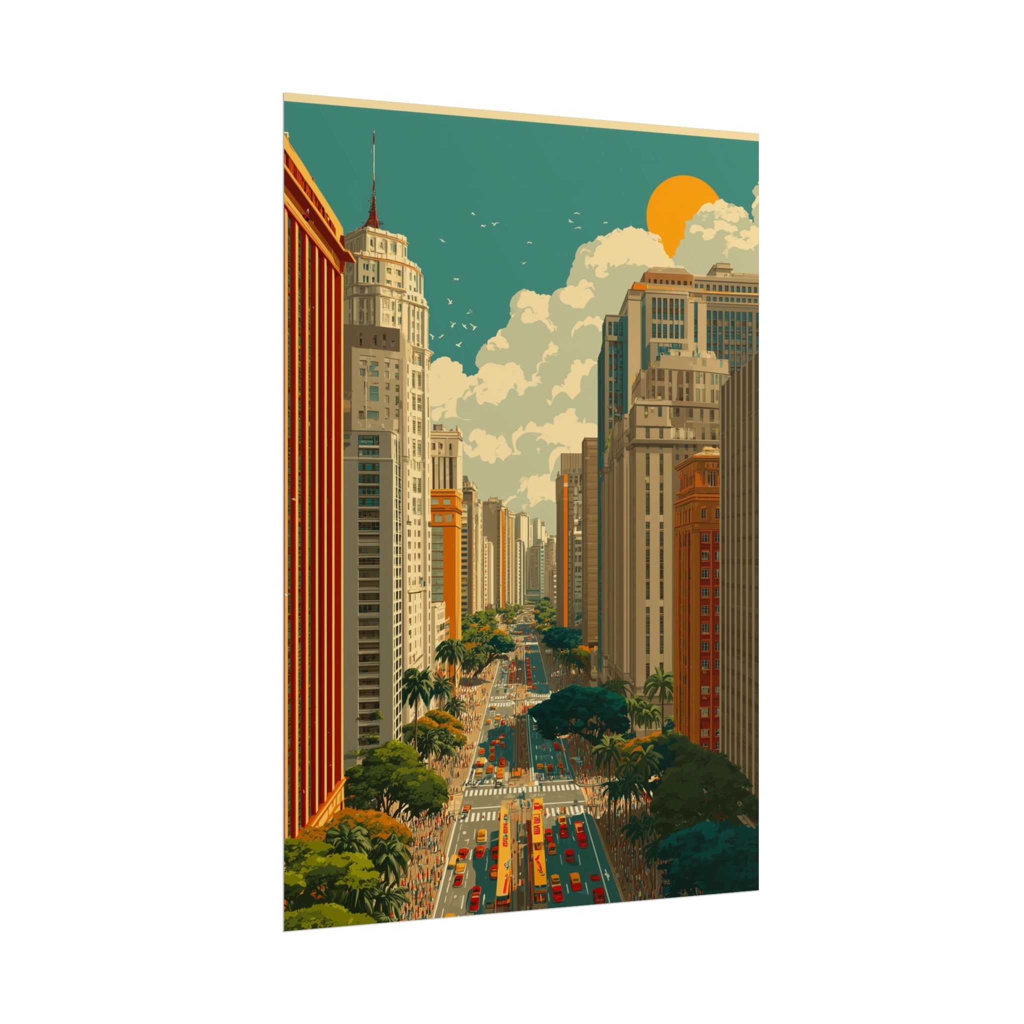 Urban Vibrancy: Retro Sao Paulo Skyline, Mid-Century Modern Cityscape   |    Custom Orders Available