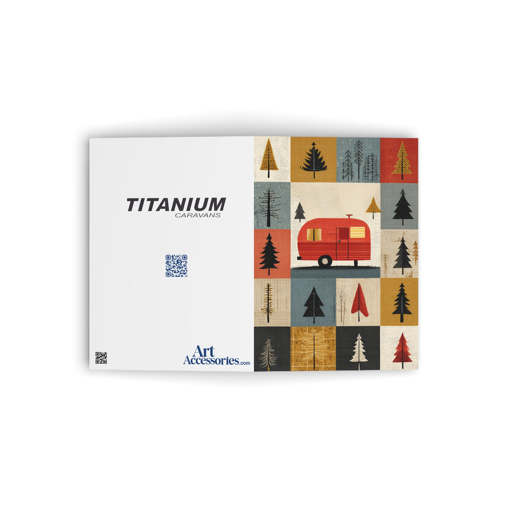 Camping Caravan Greeting Card — Retro Camper & Pine Trees Note Card