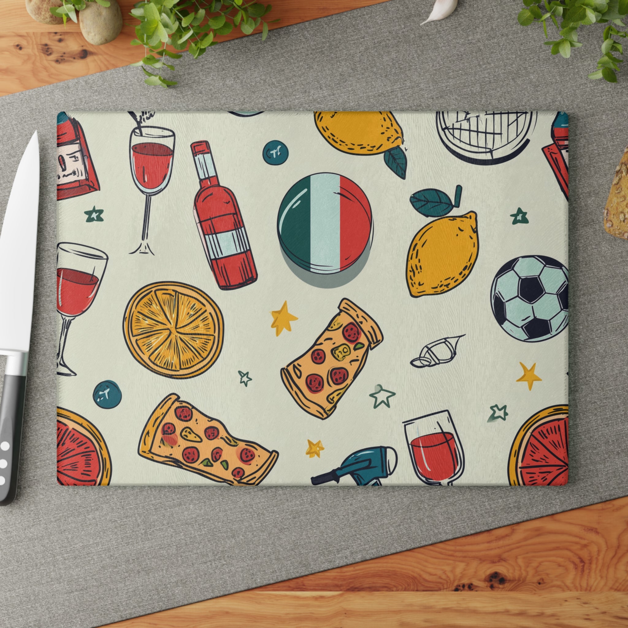 Italian Pattern Glass Cutting Board — Stylized Mediterranean Kitchen Décor