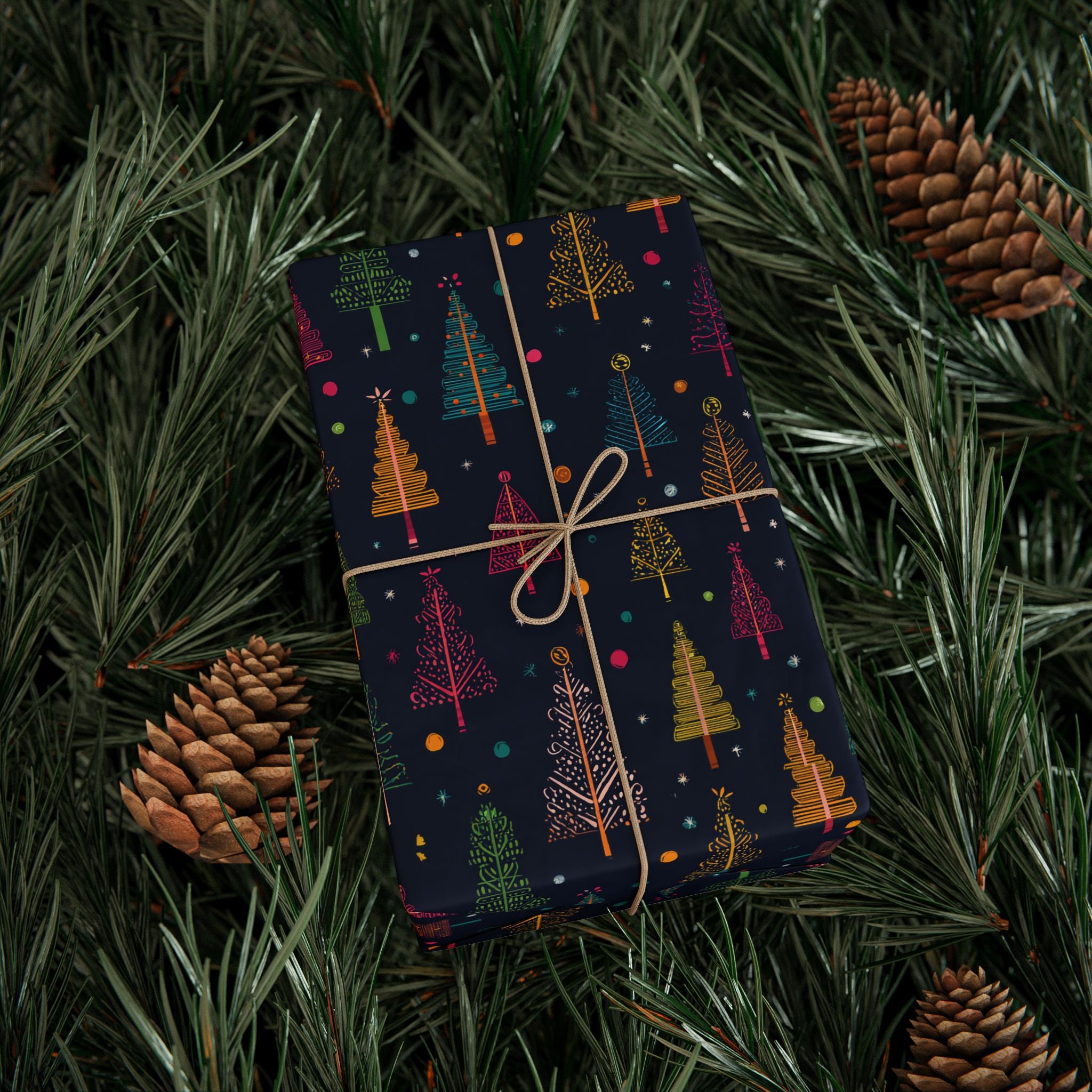 Christmas Tree Wrapping Paper Roll – Dark Navy Holiday Gift Wrap with Colorful Trees