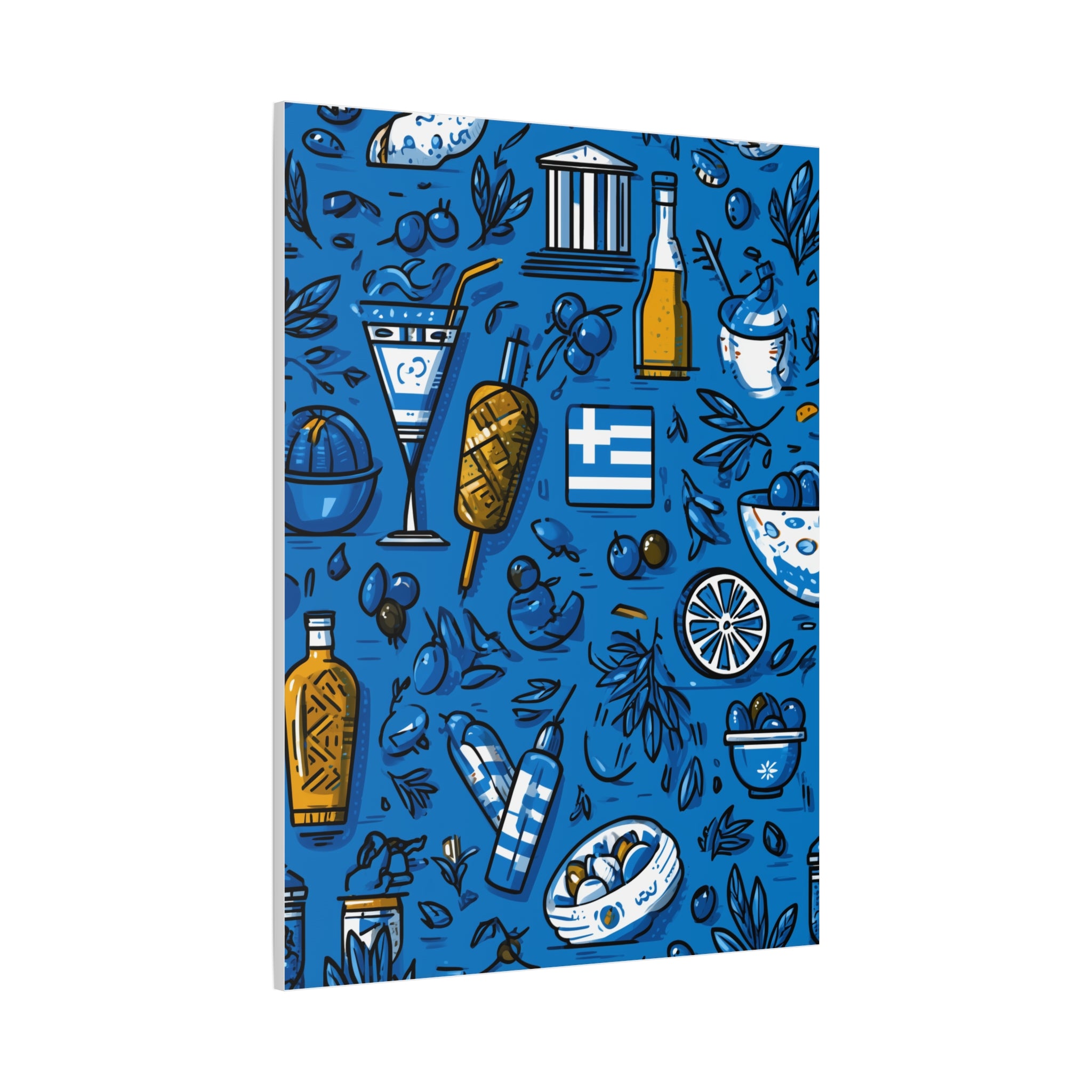 Vibrant Canvas Wall Art, Blue Mediterranean Theme, Kitchen Decor, Greek Party Decor, Olive and Drink Motif