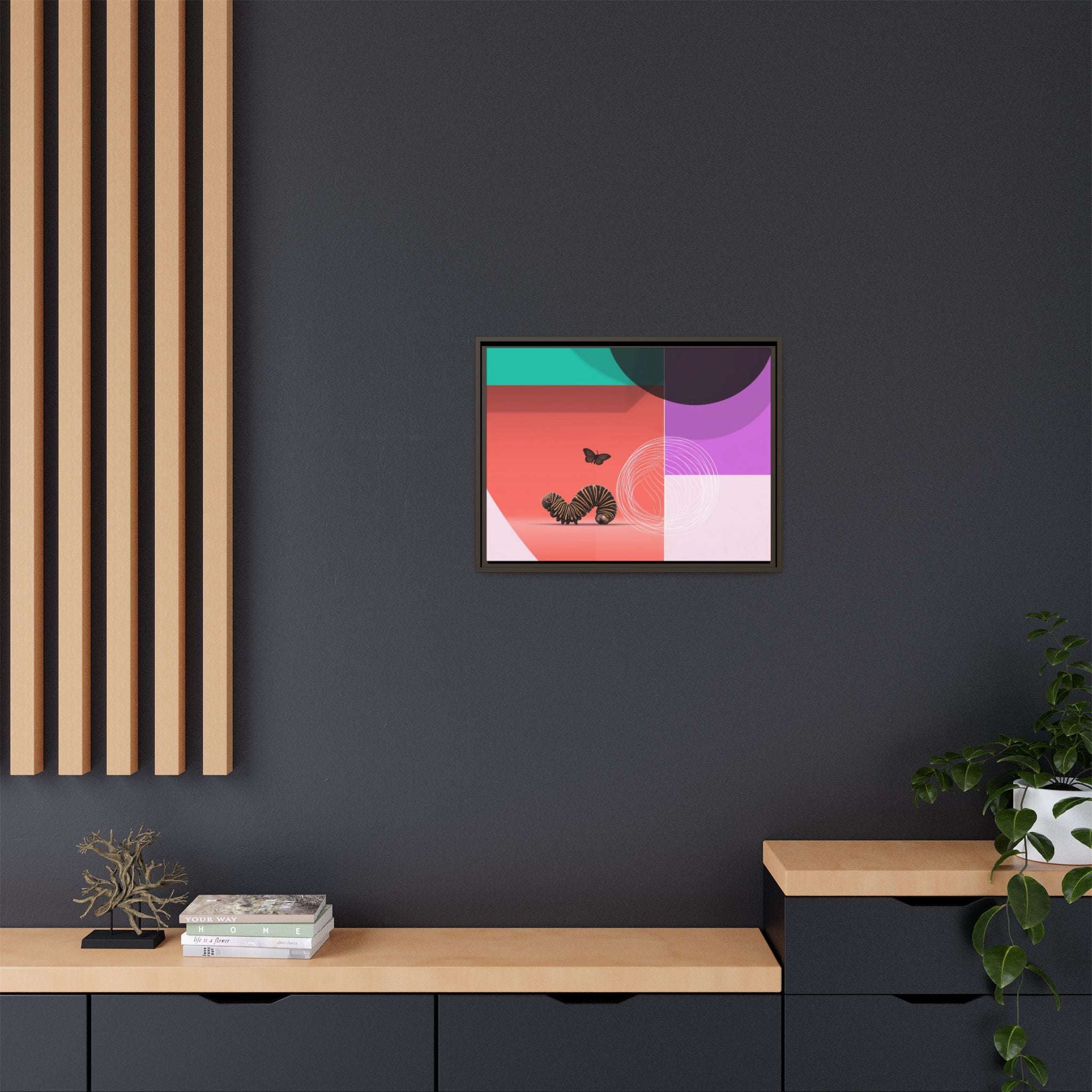 Striped Caterpillar and Butterfly Framed Print , Mid-Century Modern Color Blocks   |  Personalized & Custom Orders Available