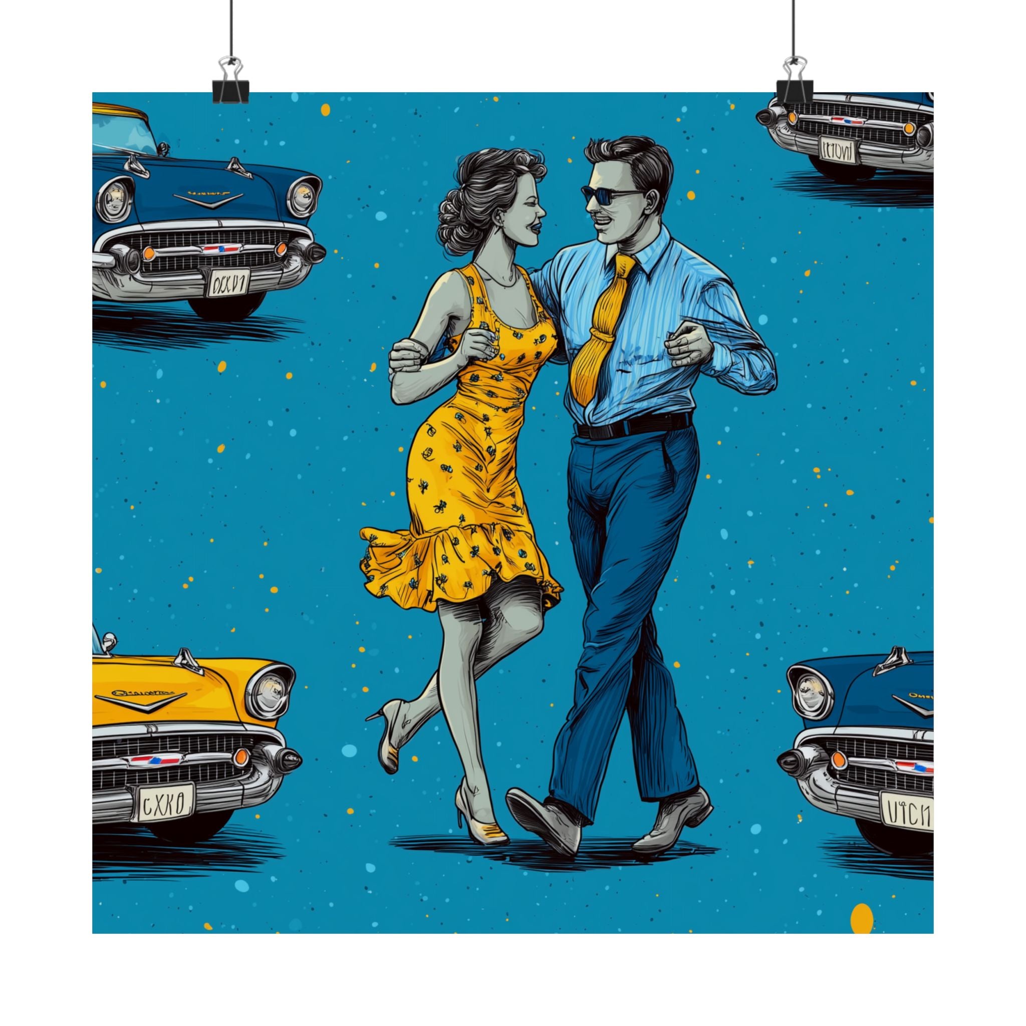 Retro Cuba Cuban Salsa Dance Poster, Vintage Wall Art, 1950s Decor, Blue Car Art, Nostalgic Home Decoration