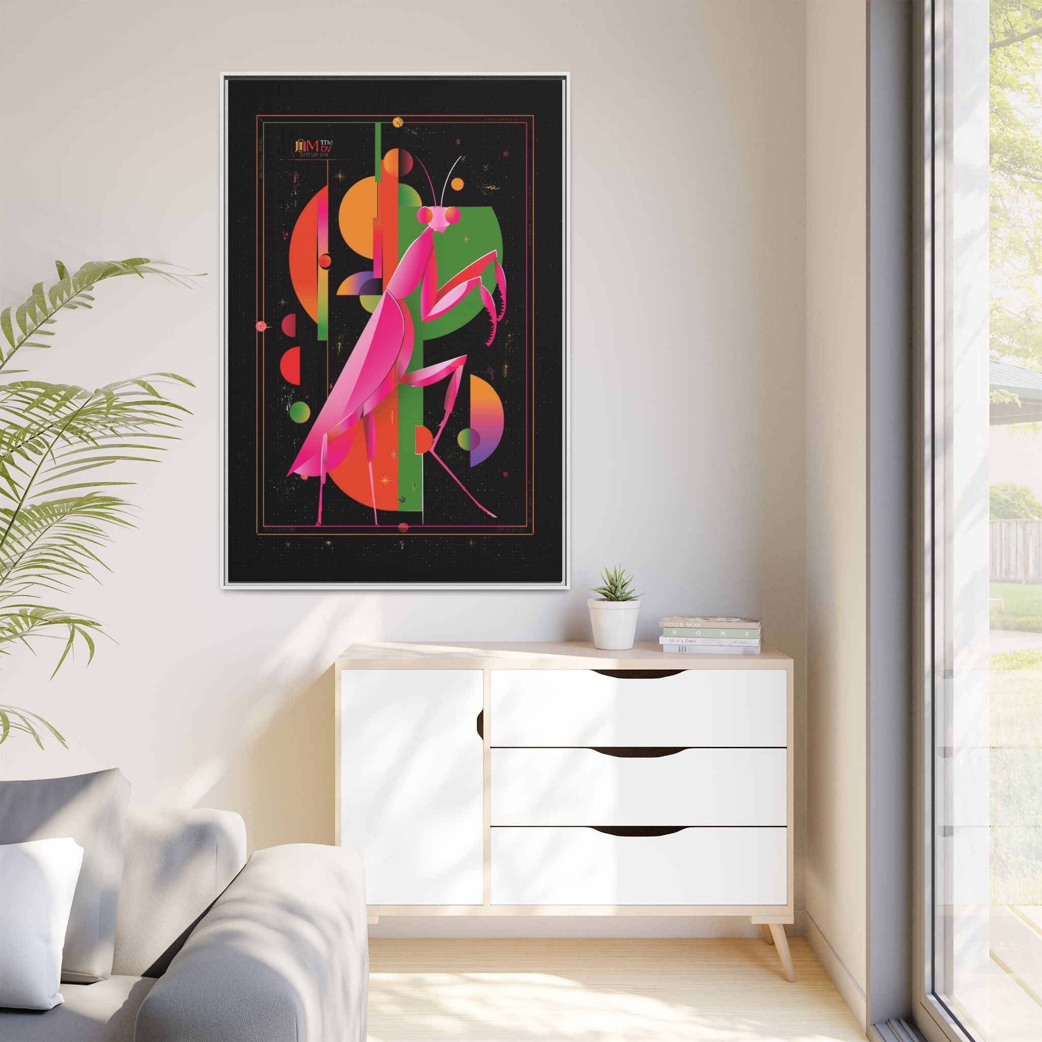 Cosmic Mantis Framed Print: Geometric Space Odyssey, Cubist Insect Illustration   |  Personalized & Custom Orders Available