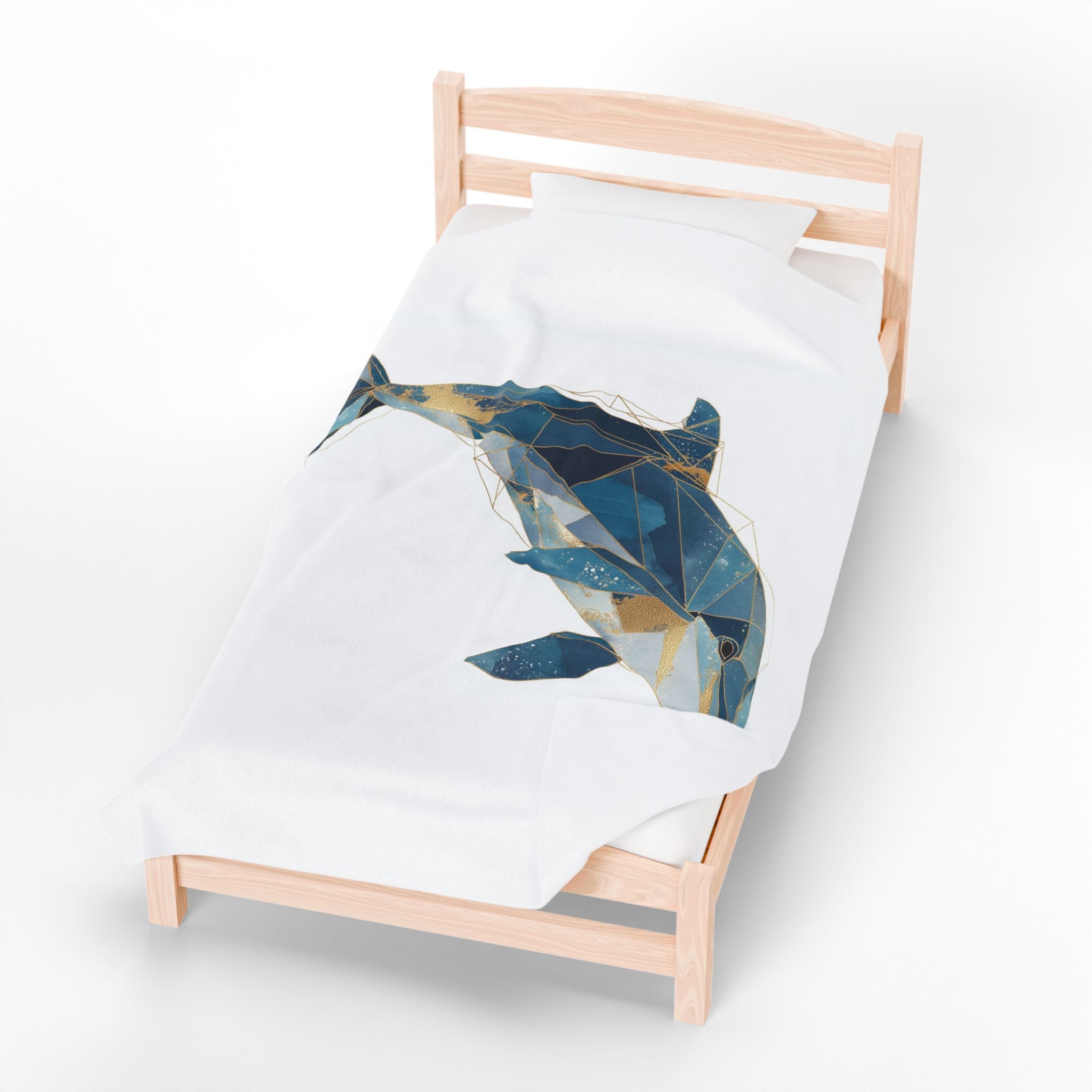 Velveteen Plush Blanket, Blue and Gold Geometric Dolphin Blanket, Ocean Theme, Gold Accent, Home Decor, Cozy Throw, Nautical Blanket, Gift