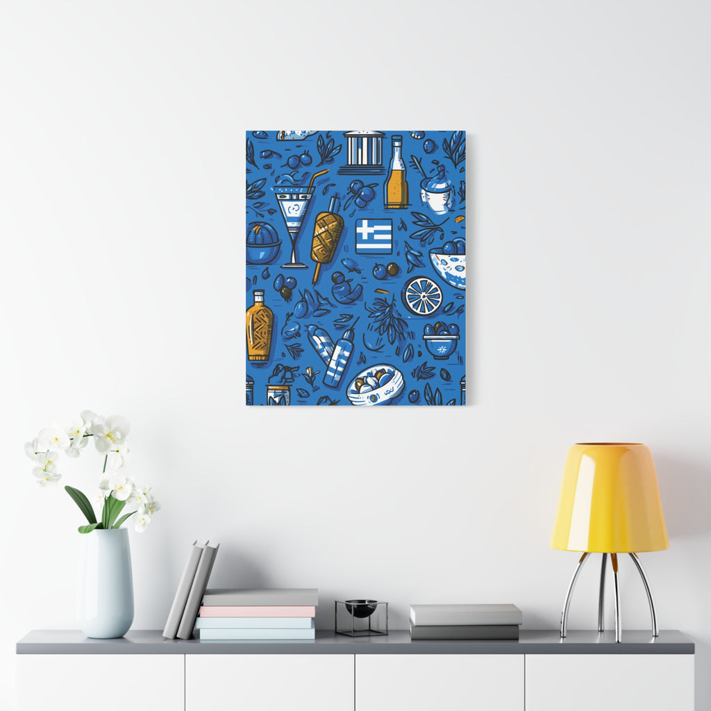 Vibrant Canvas Wall Art, Blue Mediterranean Theme, Kitchen Decor, Greek Party Decor, Olive and Drink Motif