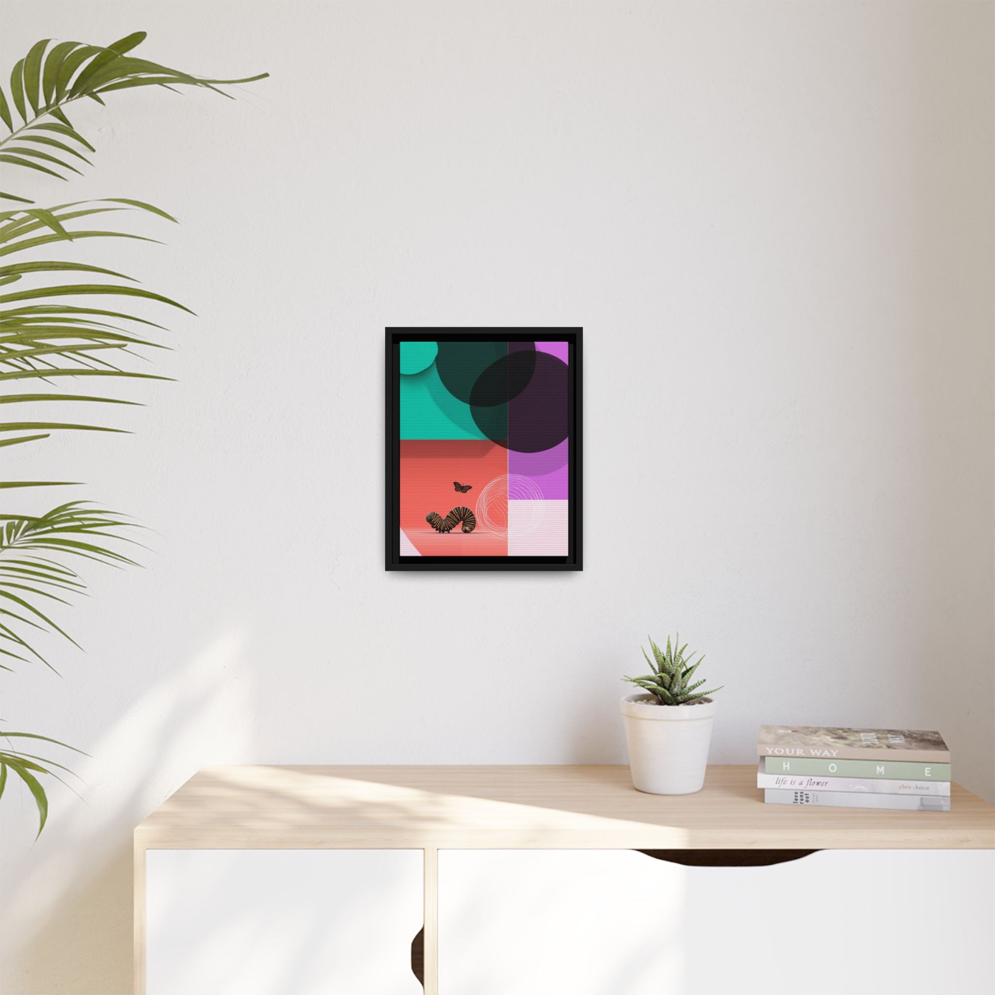 Striped Caterpillar and Butterfly Framed Print , Mid-Century Modern Color Blocks   |  Personalized & Custom Orders Available