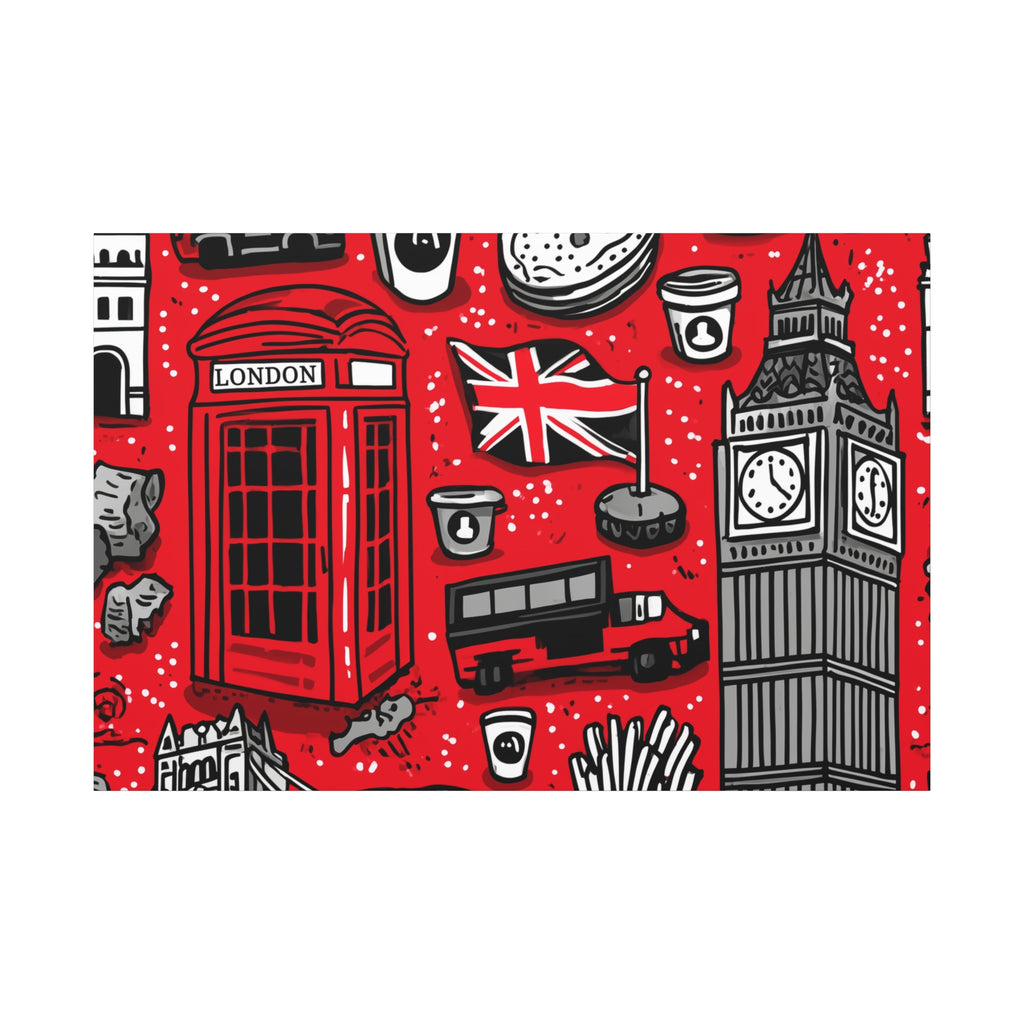 London-Themed Canvas Art, Wall Decor, Home Office Artwork, UK Travel Gift, British Culture Decor, Red and Black Design