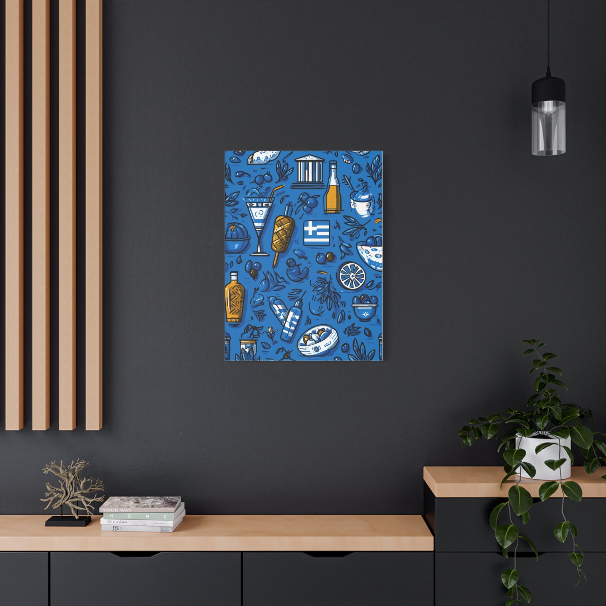 Vibrant Canvas Wall Art, Blue Mediterranean Theme, Kitchen Decor, Greek Party Decor, Olive and Drink Motif