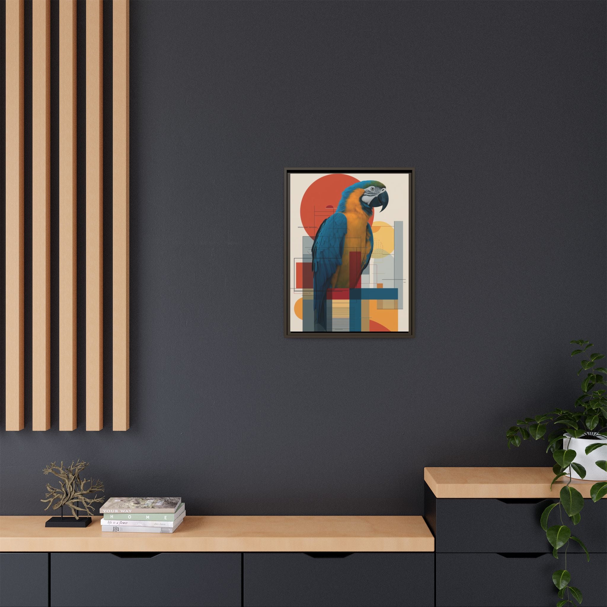 Vibrant Macaw Geometric Framed Print: Avian Realism, Modern Abstract Composition   |  Personalized & Custom Orders Available