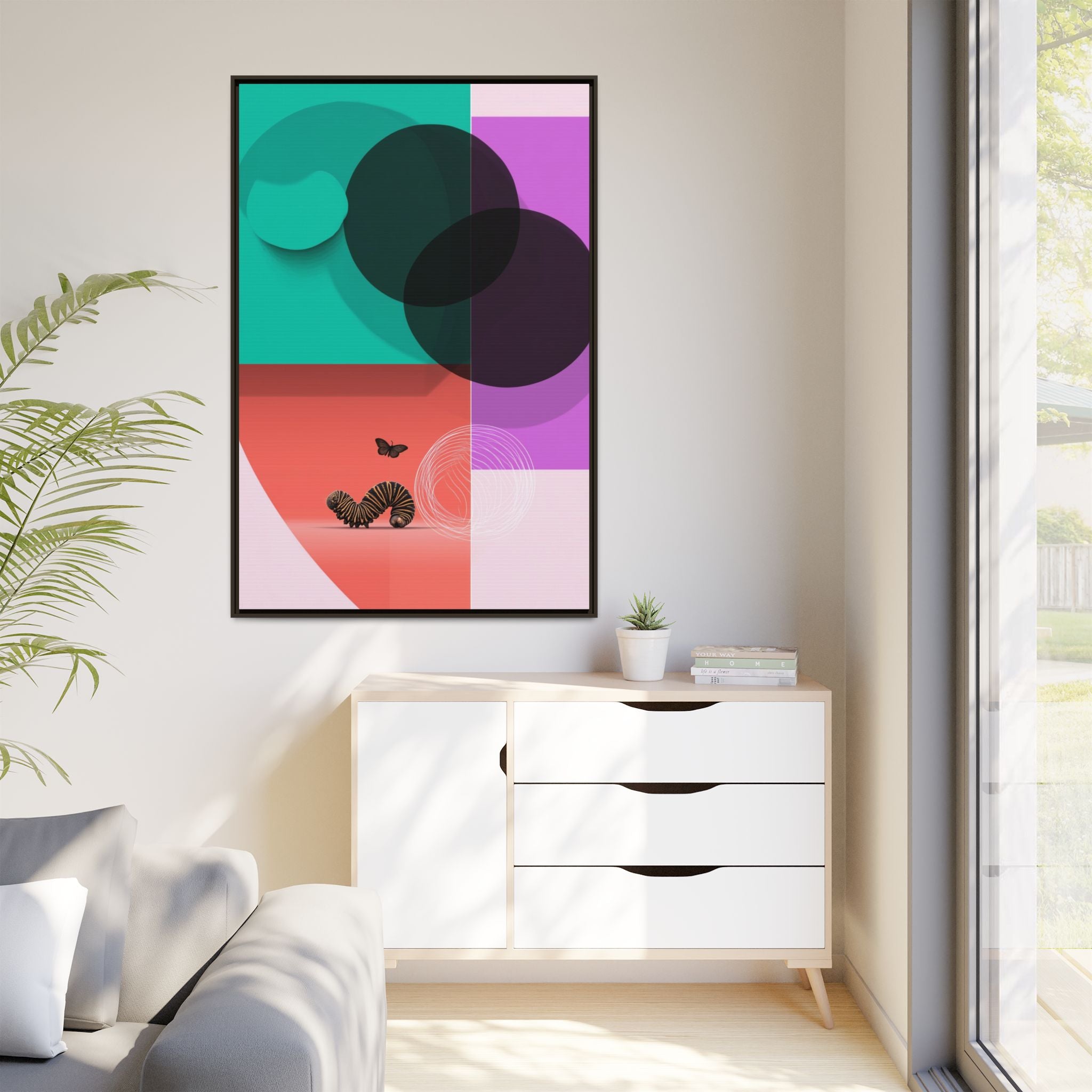 Striped Caterpillar and Butterfly Framed Print , Mid-Century Modern Color Blocks   |  Personalized & Custom Orders Available