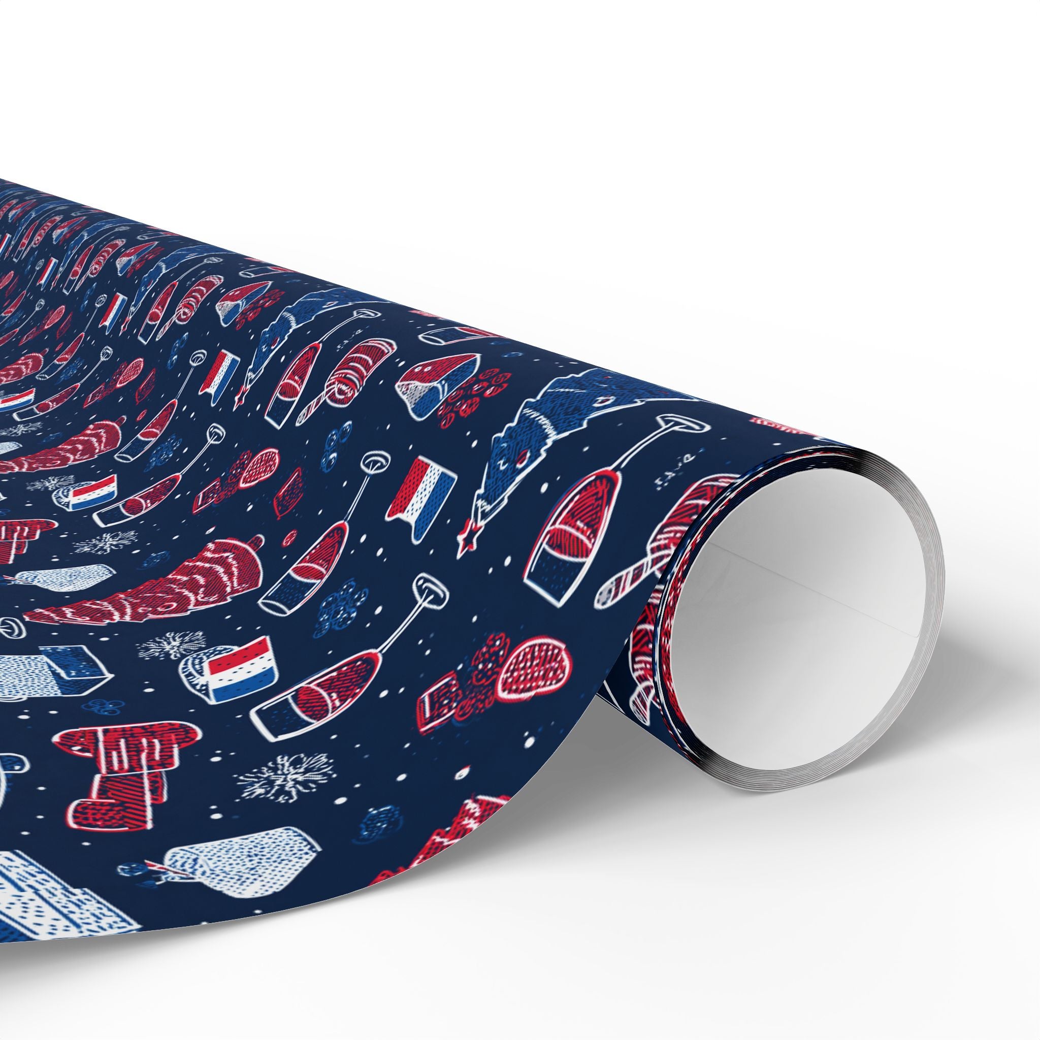 Wrapping Paper Roll French Themed— Festive Cozy Socks & Sweaters Pattern, Navy Holiday Gift Wrap