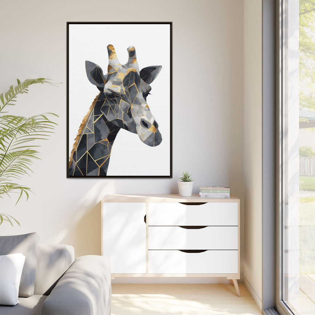 Geometric Giraffe Mosaic Framed Print : Contemporary Cubist Animal Portrait, Metallic Gold Angular Design   |   Custom Orders Available