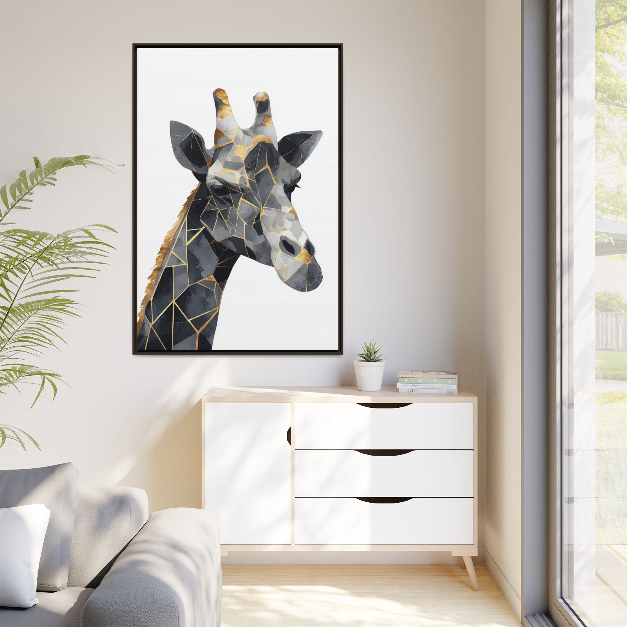 Geometric Giraffe Mosaic Framed Print : Contemporary Cubist Animal Portrait, Metallic Gold Angular Design   |   Custom Orders Available