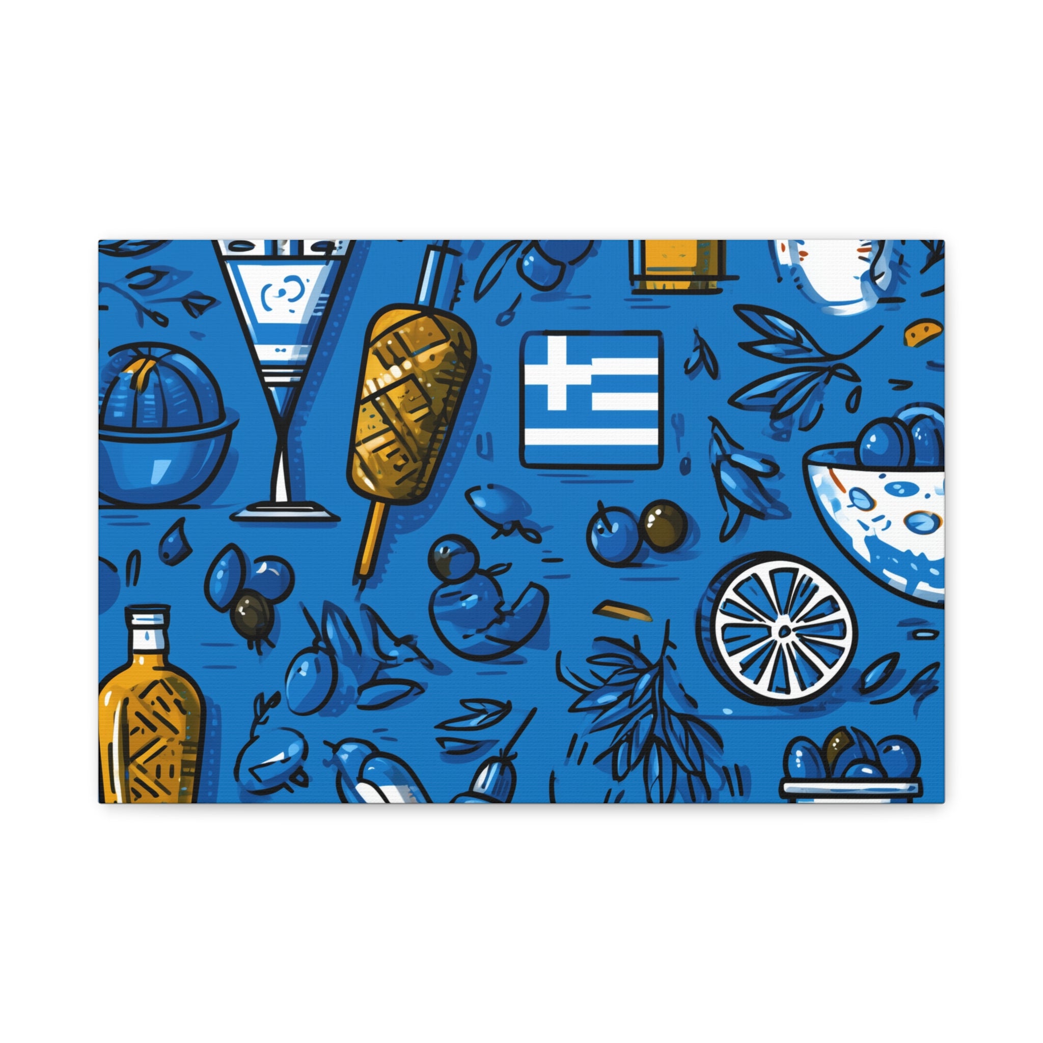 Vibrant Canvas Wall Art, Blue Mediterranean Theme, Kitchen Decor, Greek Party Decor, Olive and Drink Motif