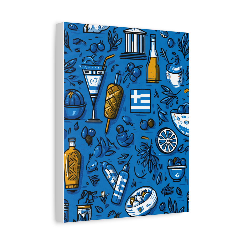 Vibrant Canvas Wall Art, Blue Mediterranean Theme, Kitchen Decor, Greek Party Decor, Olive and Drink Motif