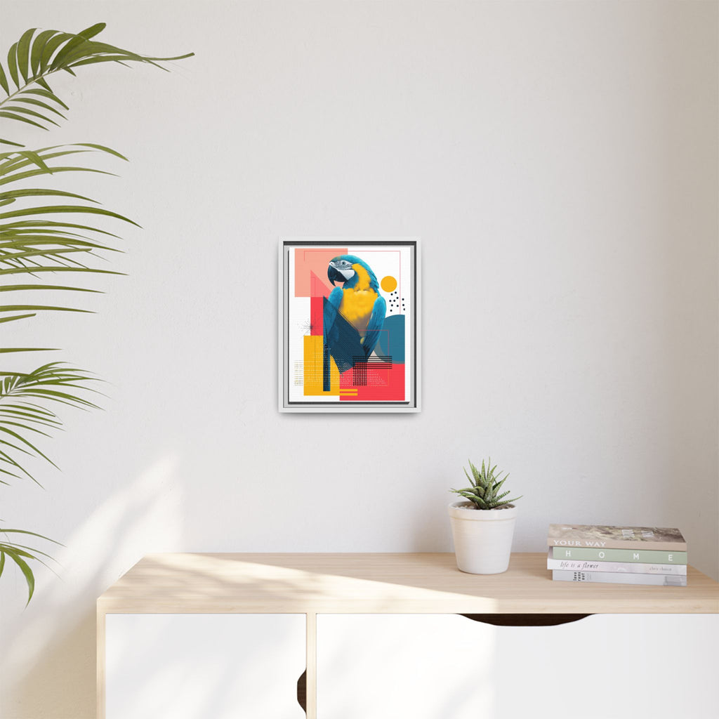 Prismatic Parrot Framed Print: Blue and Yellow Macaw in Geometric Space, Digital Art Composition   |  Personalized & Custom Orders Available