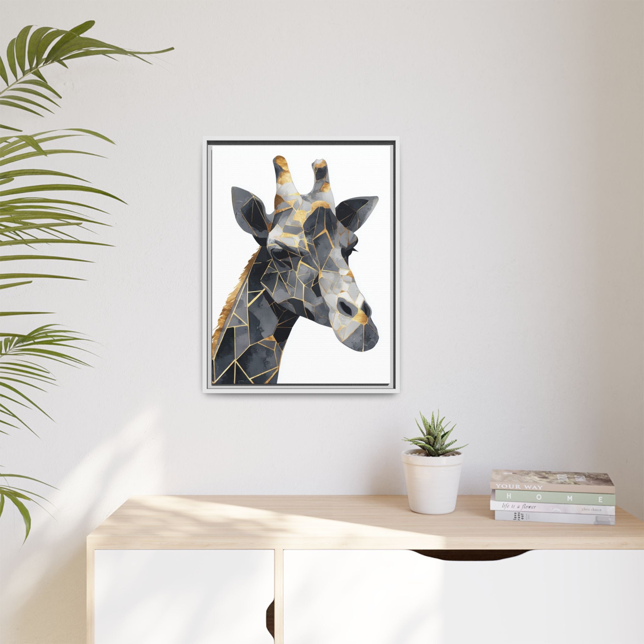 Geometric Giraffe Mosaic Framed Print : Contemporary Cubist Animal Portrait, Metallic Gold Angular Design   |   Custom Orders Available