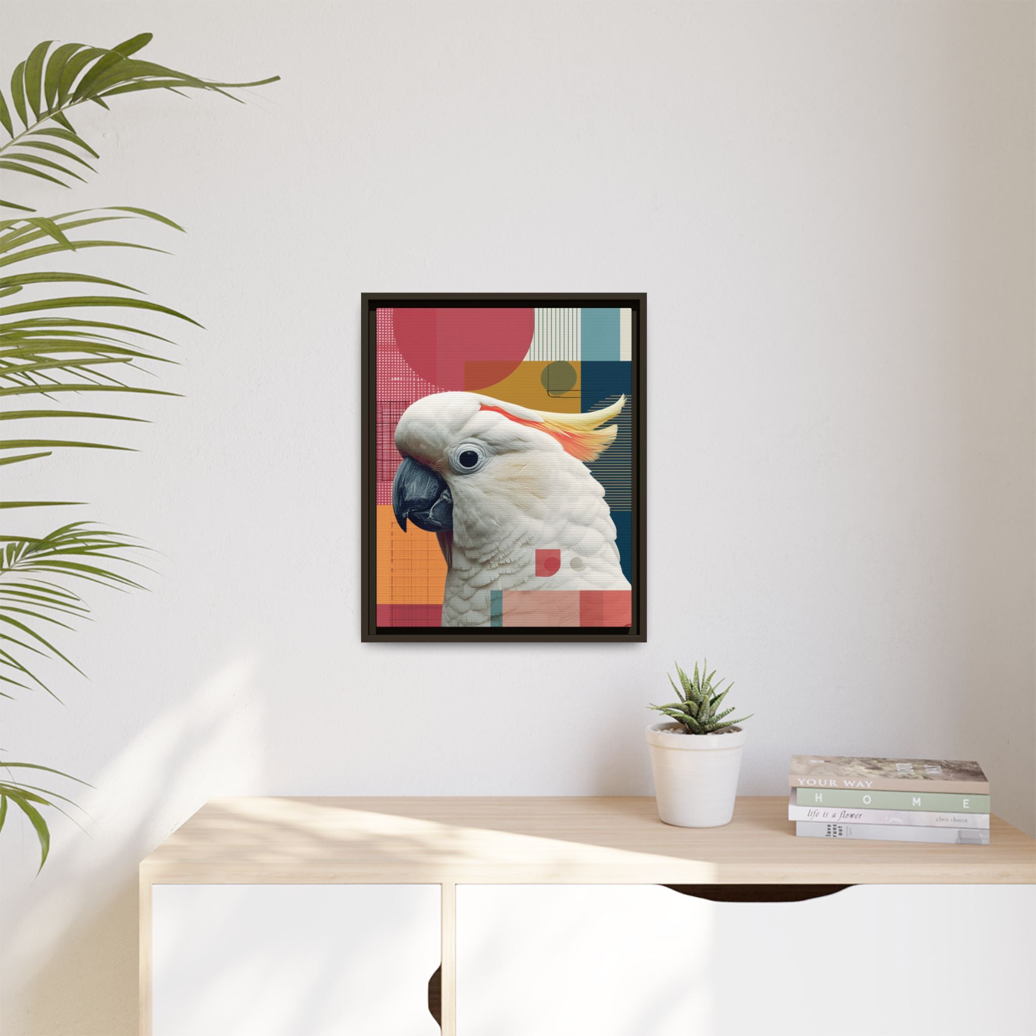 Framed Print, Cockatoo Abstract Geometric Wall Art, Matte Canvas, Colorful Bird Poster, Modern Home Decor, Tropical Animal Painting, Unique