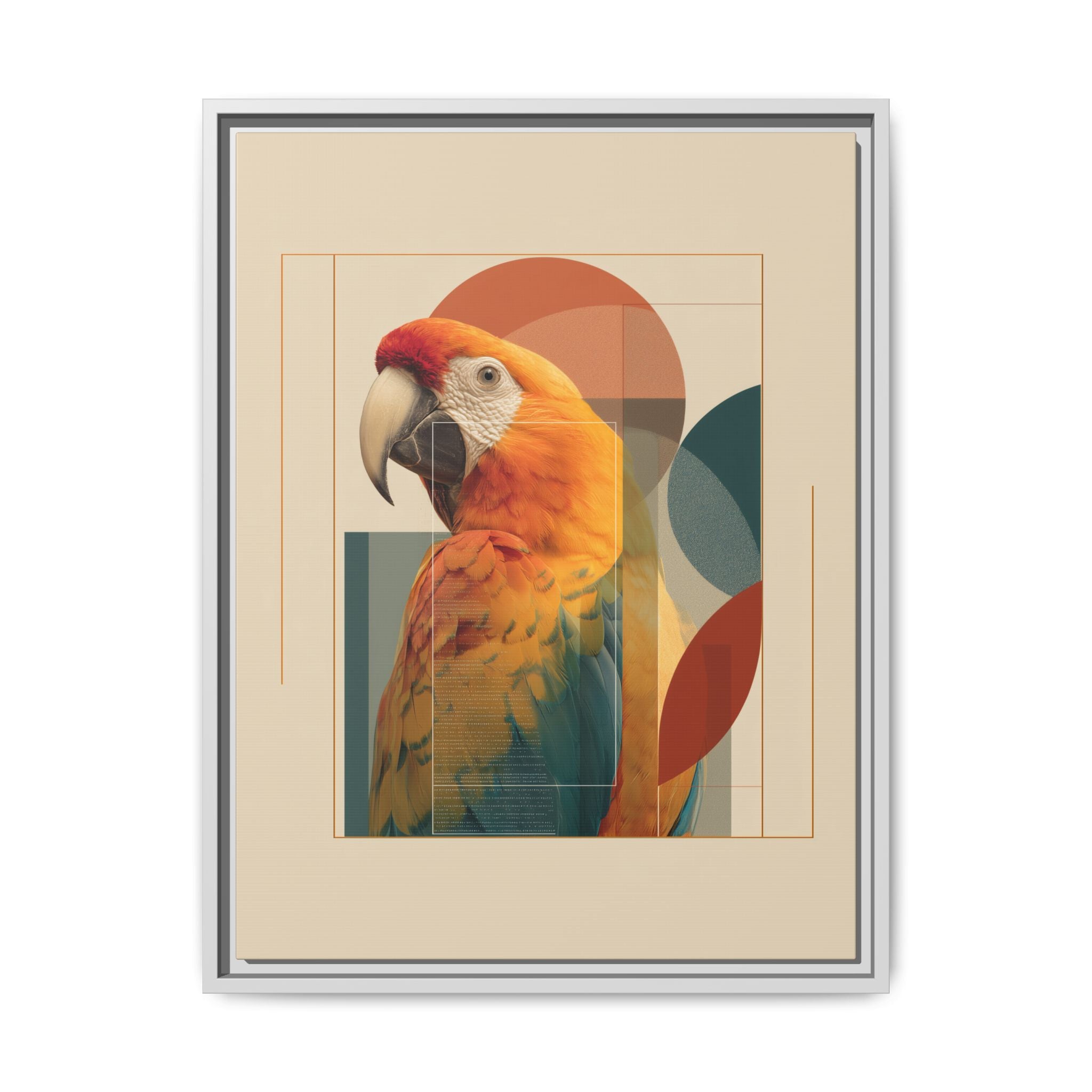 Scarlet Symphony: Macaw in Geometric Abstraction, Modern Graphic Design Artwork   |    Custom Orders Available