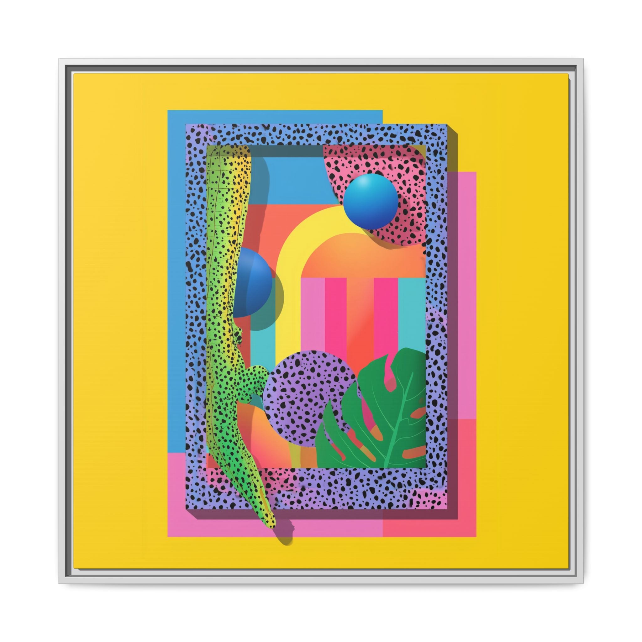 Geometric Rhythms: Abstract Layers of Color, Dimensional Shapes and Tropical Elements, Vibrant Modern Art Composition   |   Custom Orders