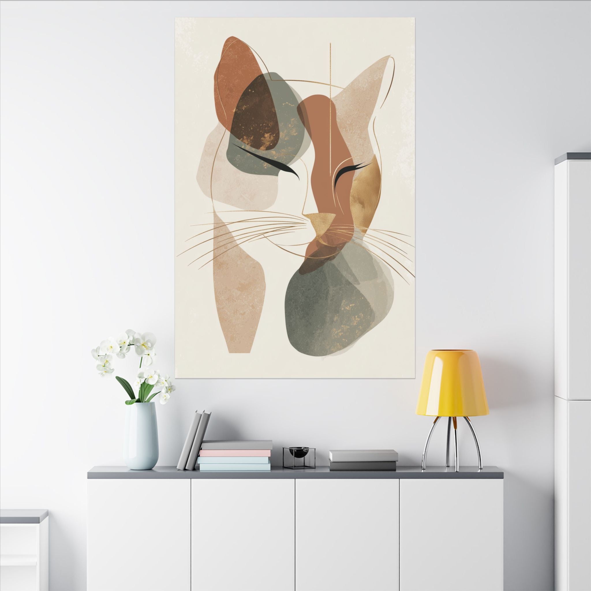 Feline Abstraction: Minimalist Cat Portrait, Contemporary Geometric Art, Organic Earth Tone Design   |  Personalized & Custom Orders
