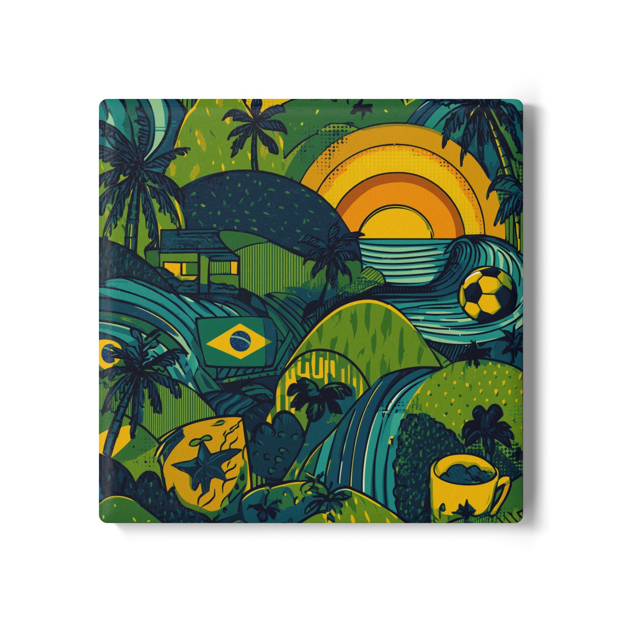 Vibrant Sunset Brazil Landscape Ceramic Coaster, Beach Decor, Gift for Home, BBQ Party Accessory, Soccer Fan Decor, Tropical Vibes