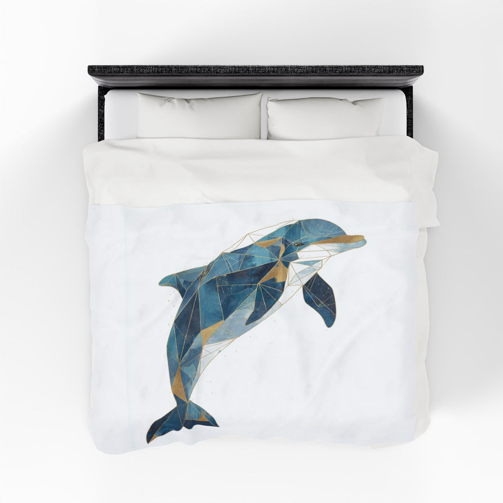 Geometric Dolphin Bedding , Modern Mosaic Art, Blue and Gold Fragmentation   |  Personalized & Custom Orders Available