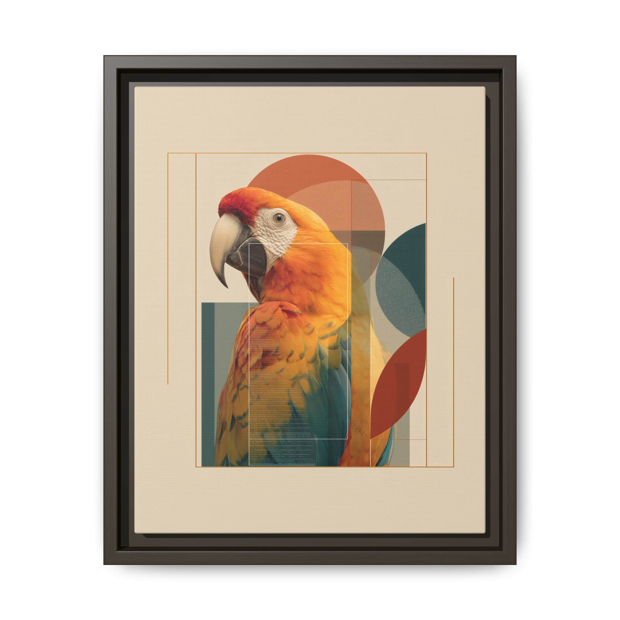 Scarlet Symphony: Macaw in Geometric Abstraction, Modern Graphic Design Artwork   |    Custom Orders Available