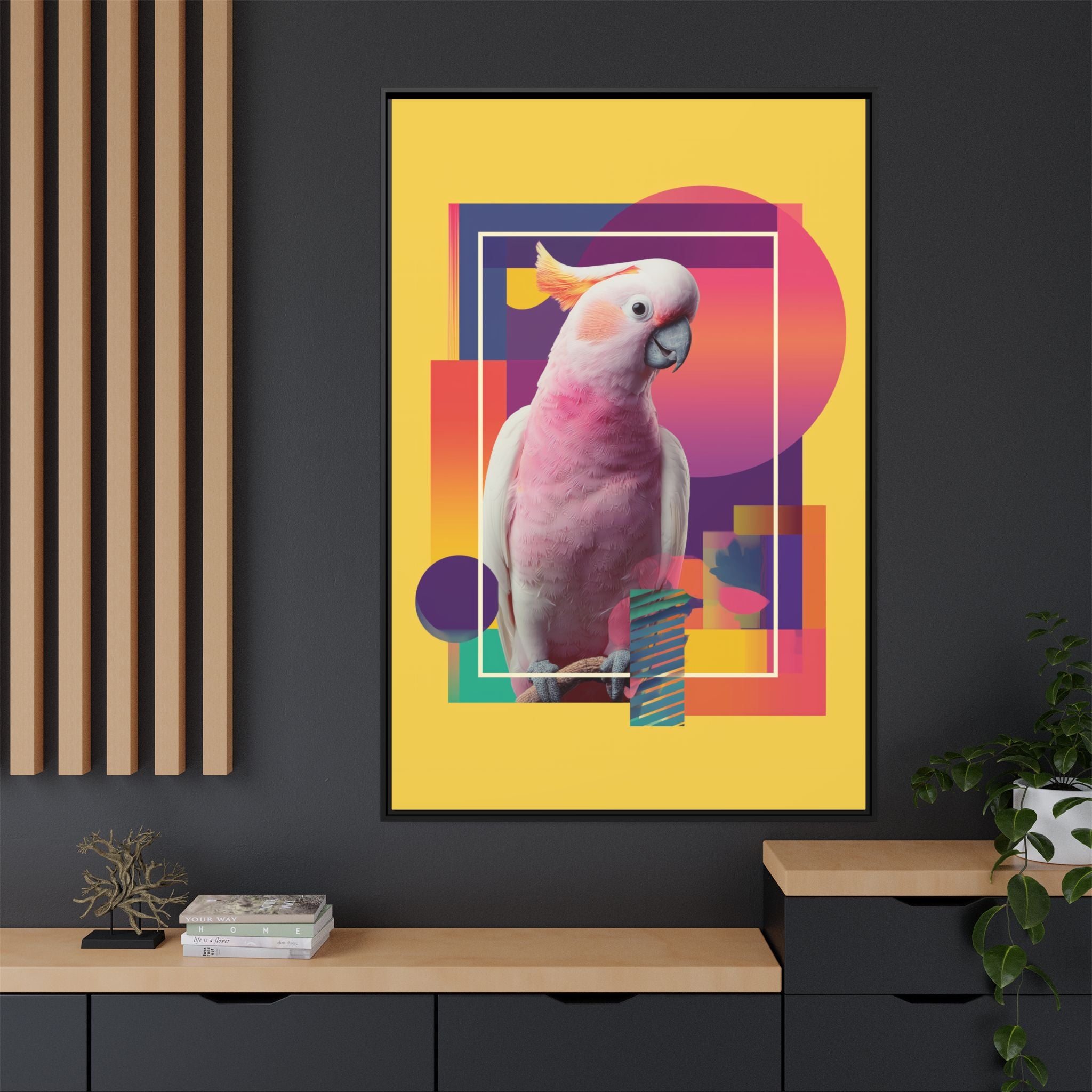 Framed Print, Cockatoo Abstract Geometric Wall Art, Matte Canvas, Colorful Bird Poster, Modern Home Decor, Tropical Animal Painting, Unique