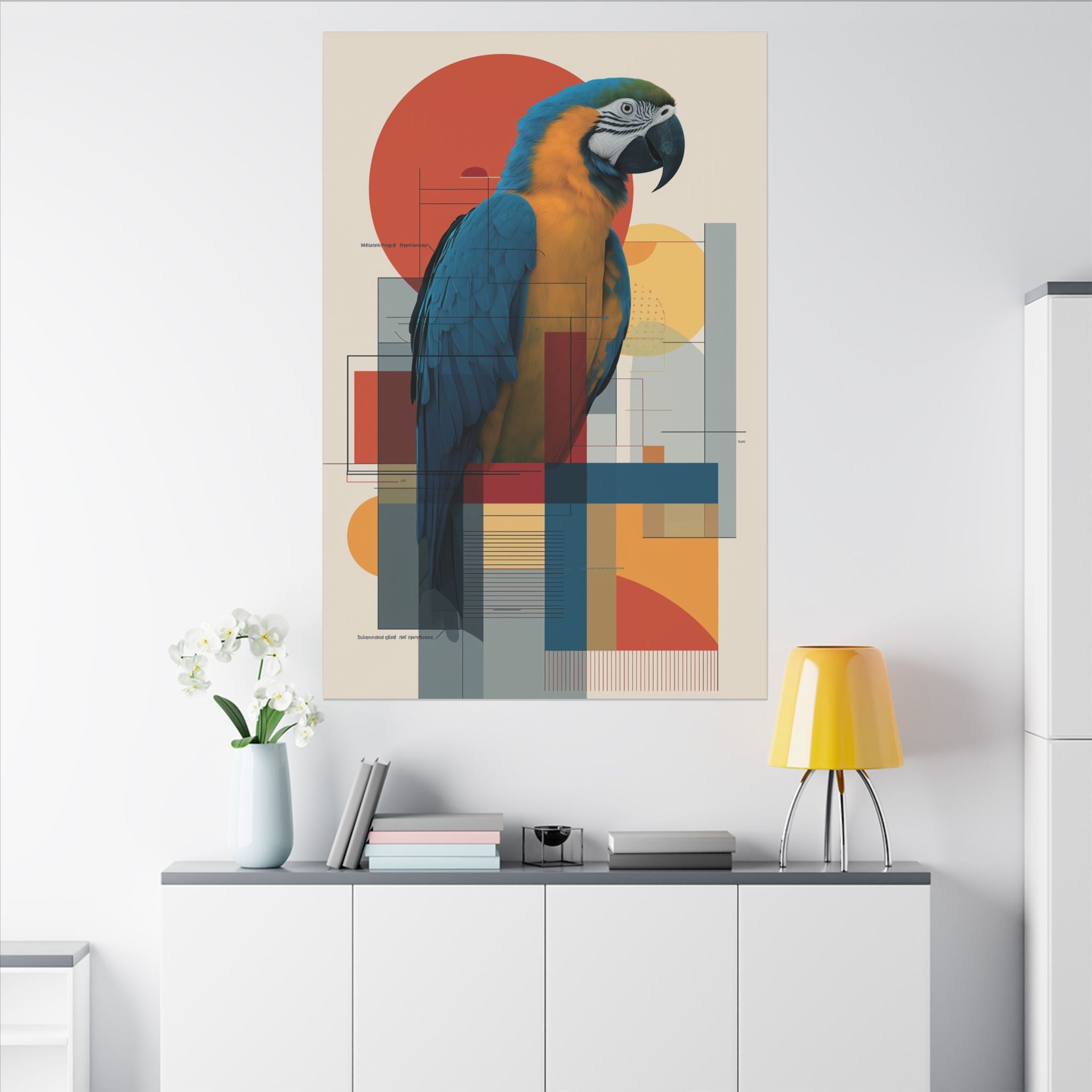 Chromatic Convergence: Macaw in Modernist Geometry, Abstract Avian Portrait   |    Custom Orders Available