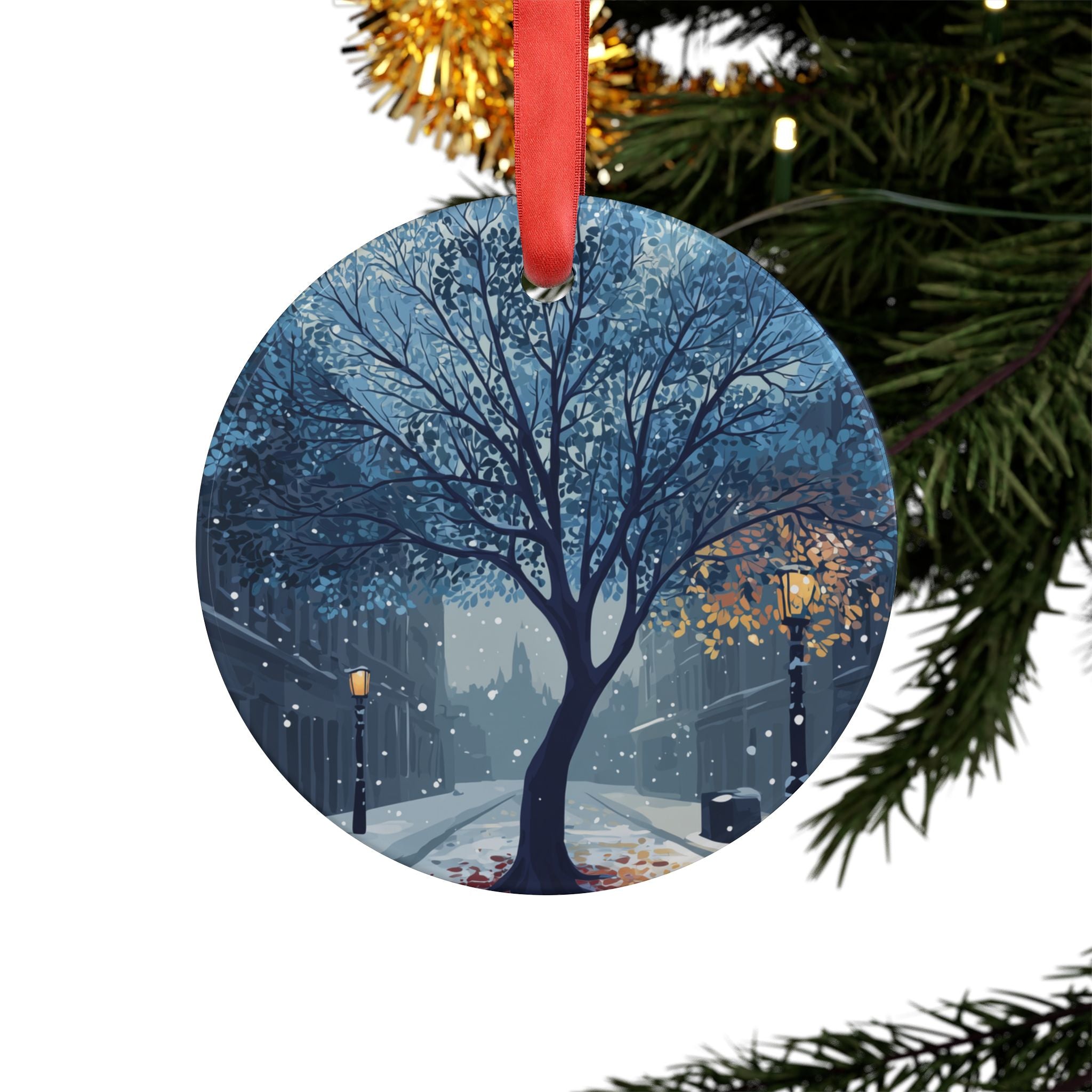 Winter Street Tree Acrylic Ornament with Red Ribbon — Snowy Night Holiday Decoration