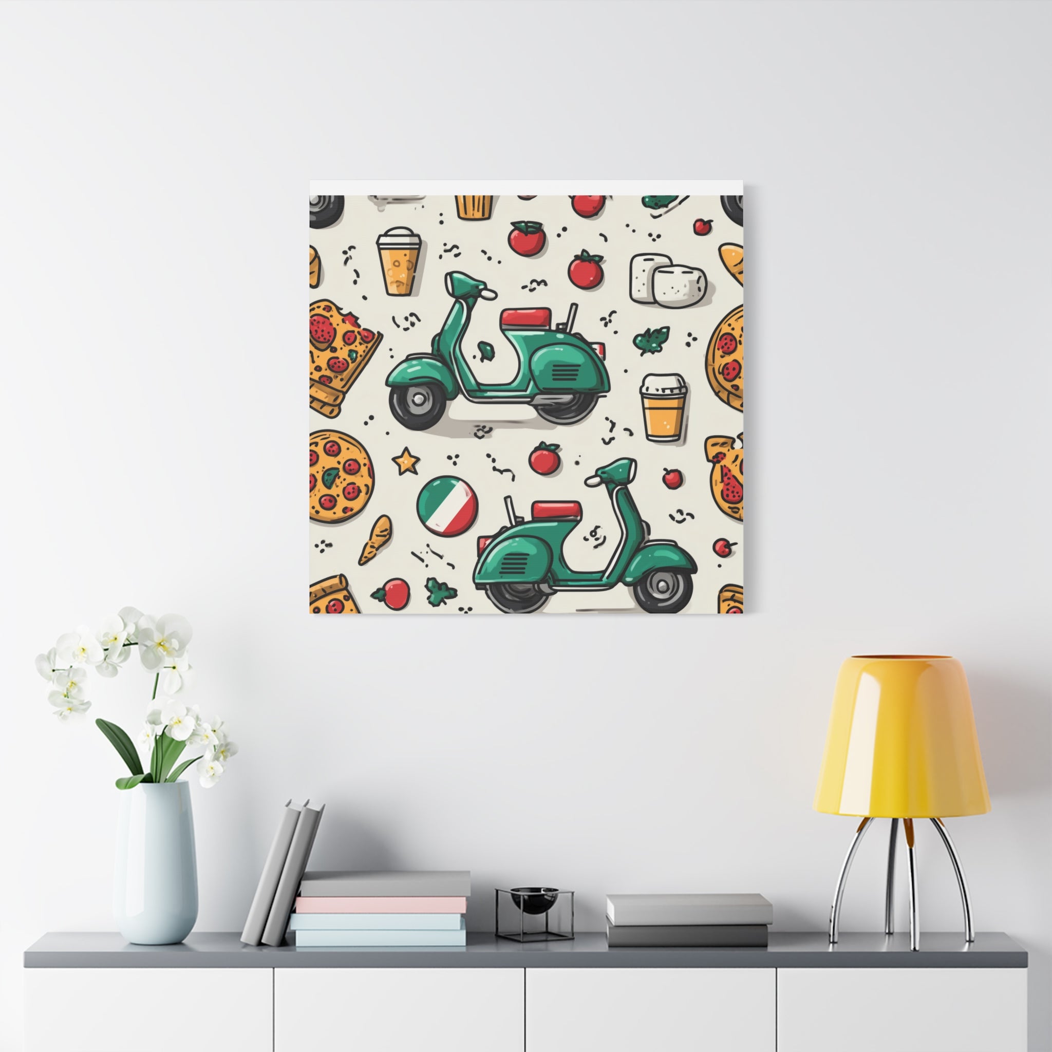 Vibrant Travel Nostalgia Canvas Art, Scooter Decor, Foodie Wall Art, Fun Home Decor, Gift for Adventurers, Kitchen Wall Hanging