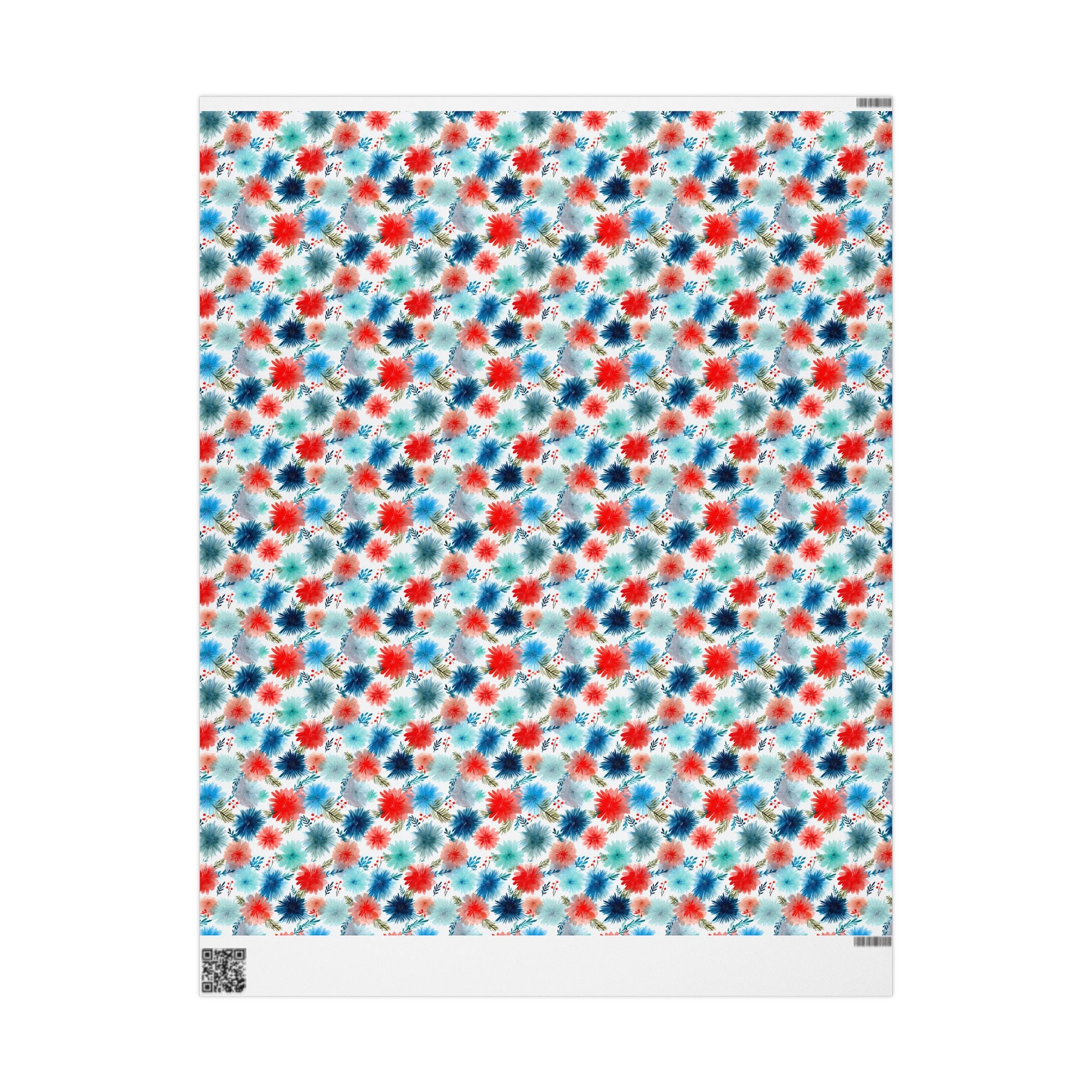 Wrapping Paper — Watercolor Floral Holiday Pattern (Red, Teal, Pine Sprigs)