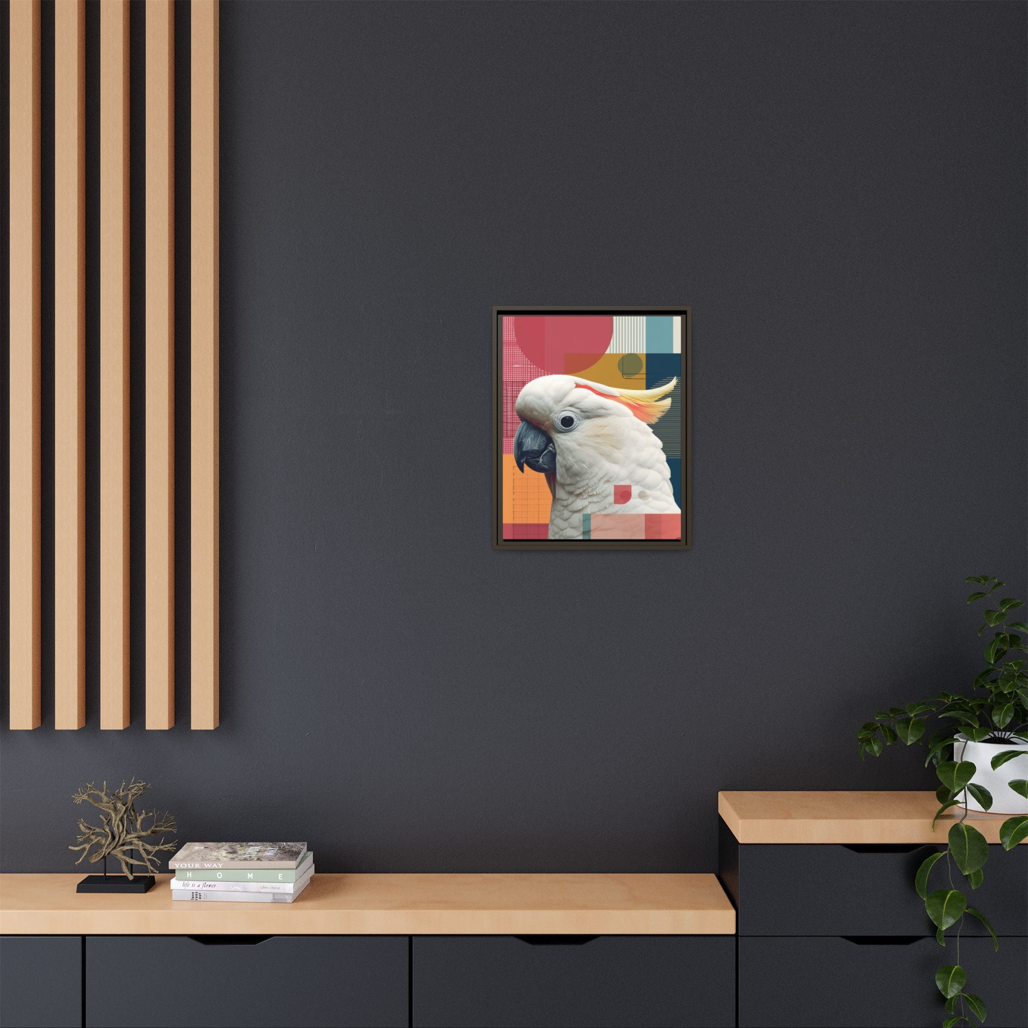 Framed Print, Cockatoo Abstract Geometric Wall Art, Matte Canvas, Colorful Bird Poster, Modern Home Decor, Tropical Animal Painting, Unique