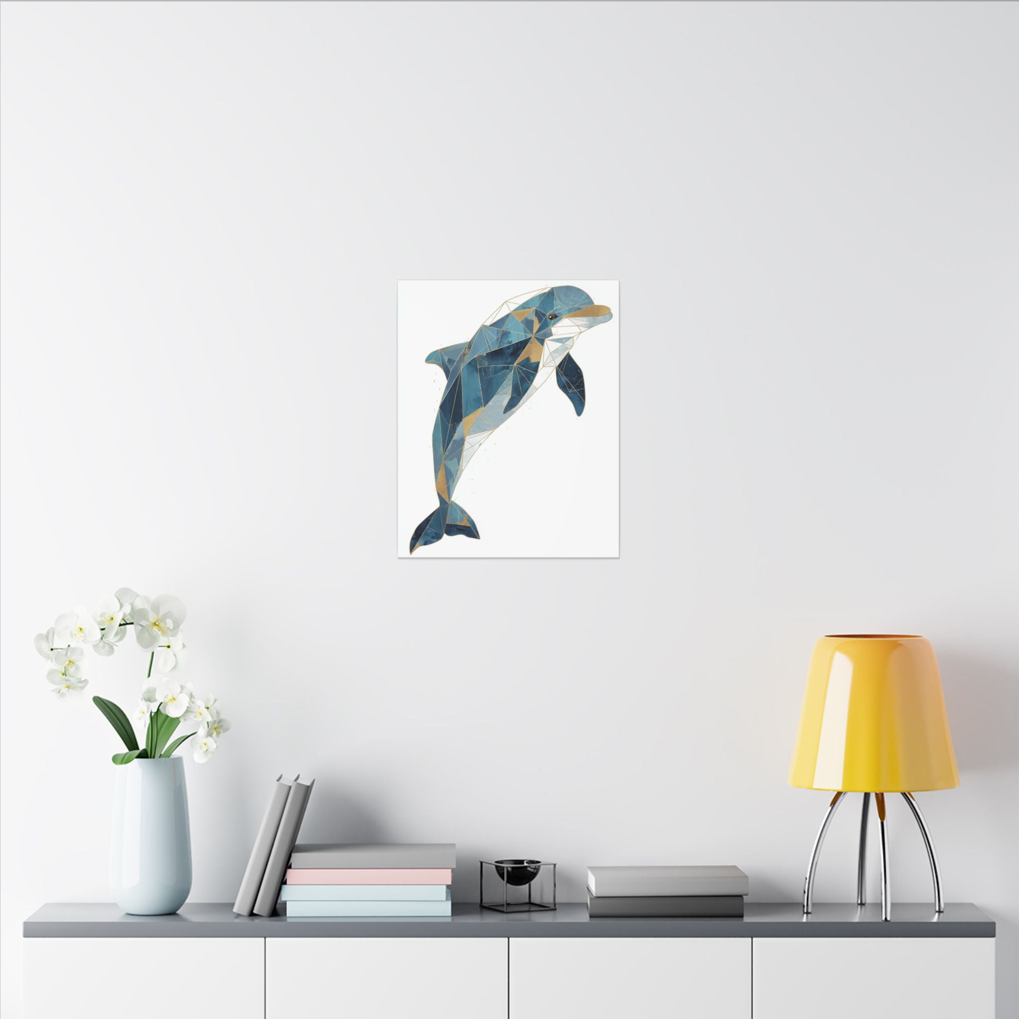 Canvas Print, Geometric Abstract Dolphin Gold Accented Wall Art, High Quality, Stretched, Multi-Size, Home Decor, Office Decor, Gift Idea,