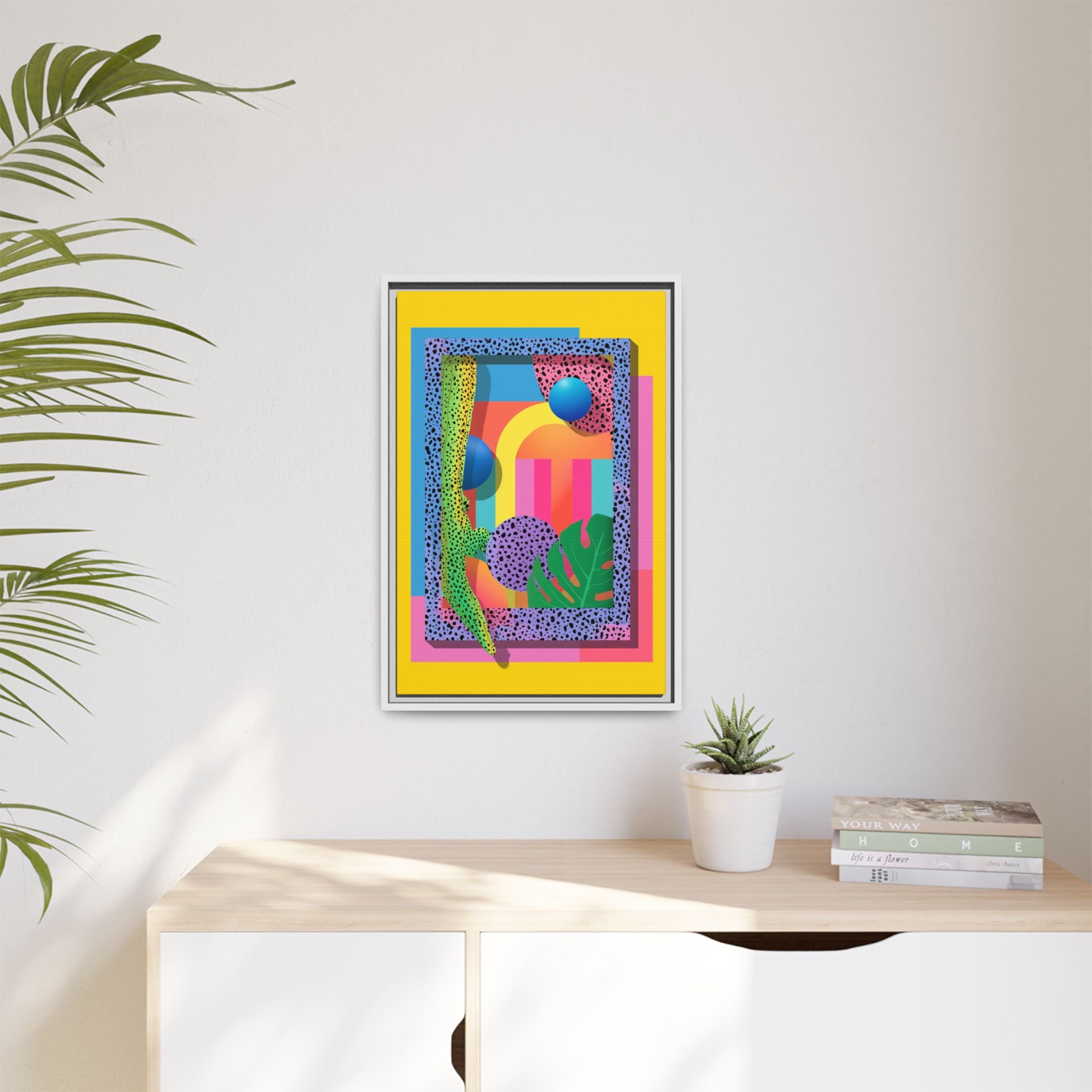 Geometric Rhythms: Abstract Layers of Color, Dimensional Shapes and Tropical Elements, Vibrant Modern Art Composition   |   Custom Orders