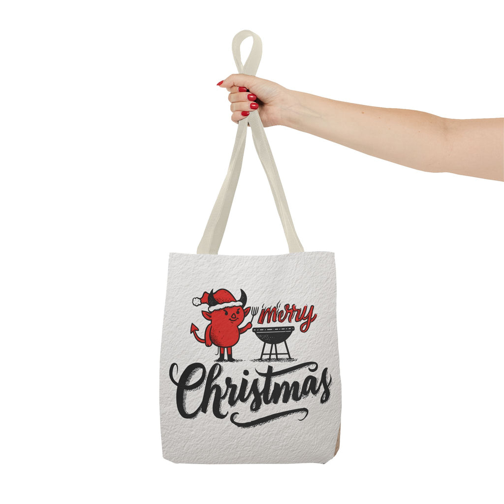 Festive Tote Bag, Christmas Gift, Holiday Shopping Bag, Red Devil BBQ Design, Merry Christmas Tote