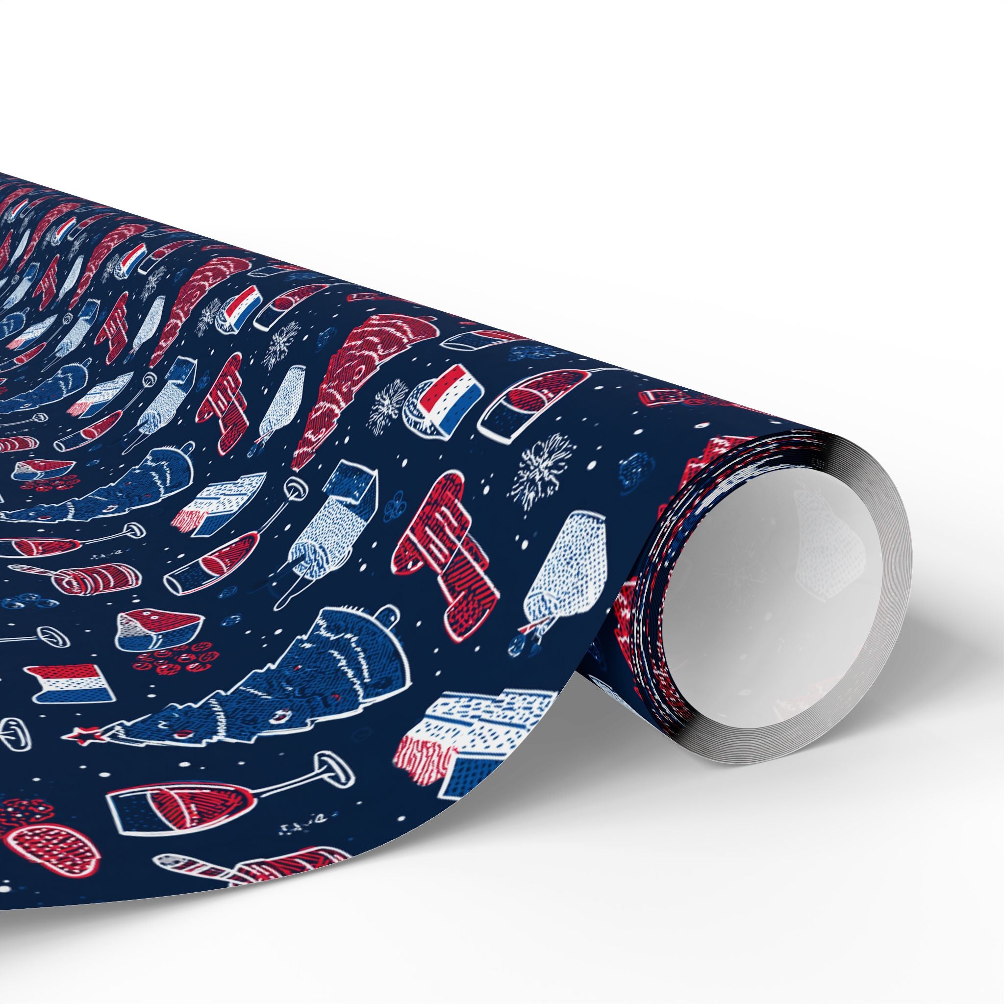 Wrapping Paper Roll French Themed— Festive Cozy Socks & Sweaters Pattern, Navy Holiday Gift Wrap