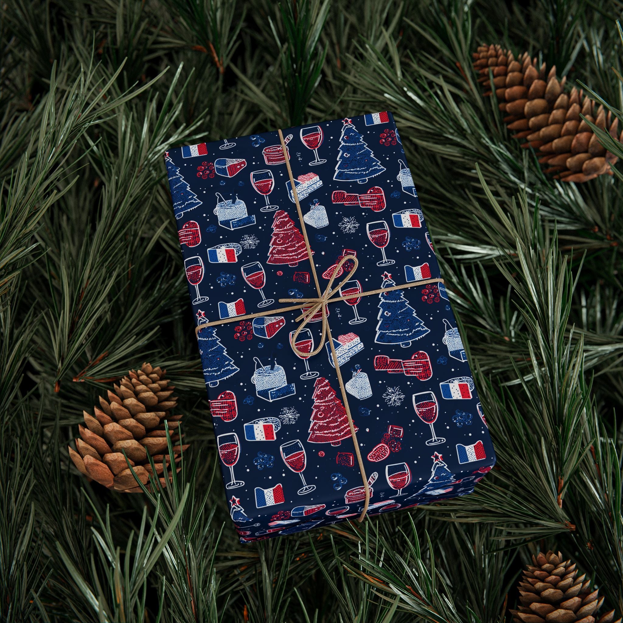 Wrapping Paper Roll French Themed— Festive Cozy Socks & Sweaters Pattern, Navy Holiday Gift Wrap