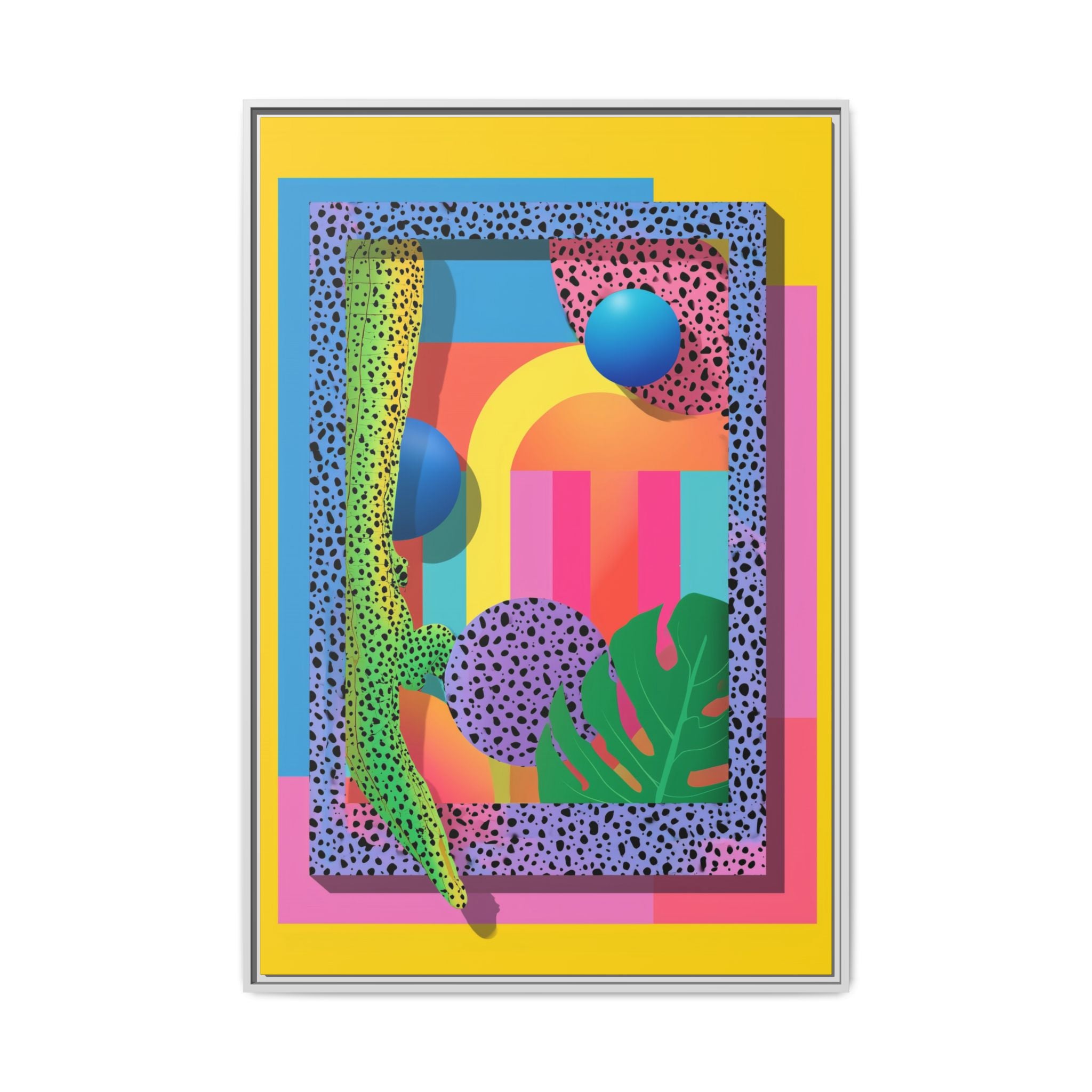 Geometric Rhythms: Abstract Layers of Color, Dimensional Shapes and Tropical Elements, Vibrant Modern Art Composition   |   Custom Orders