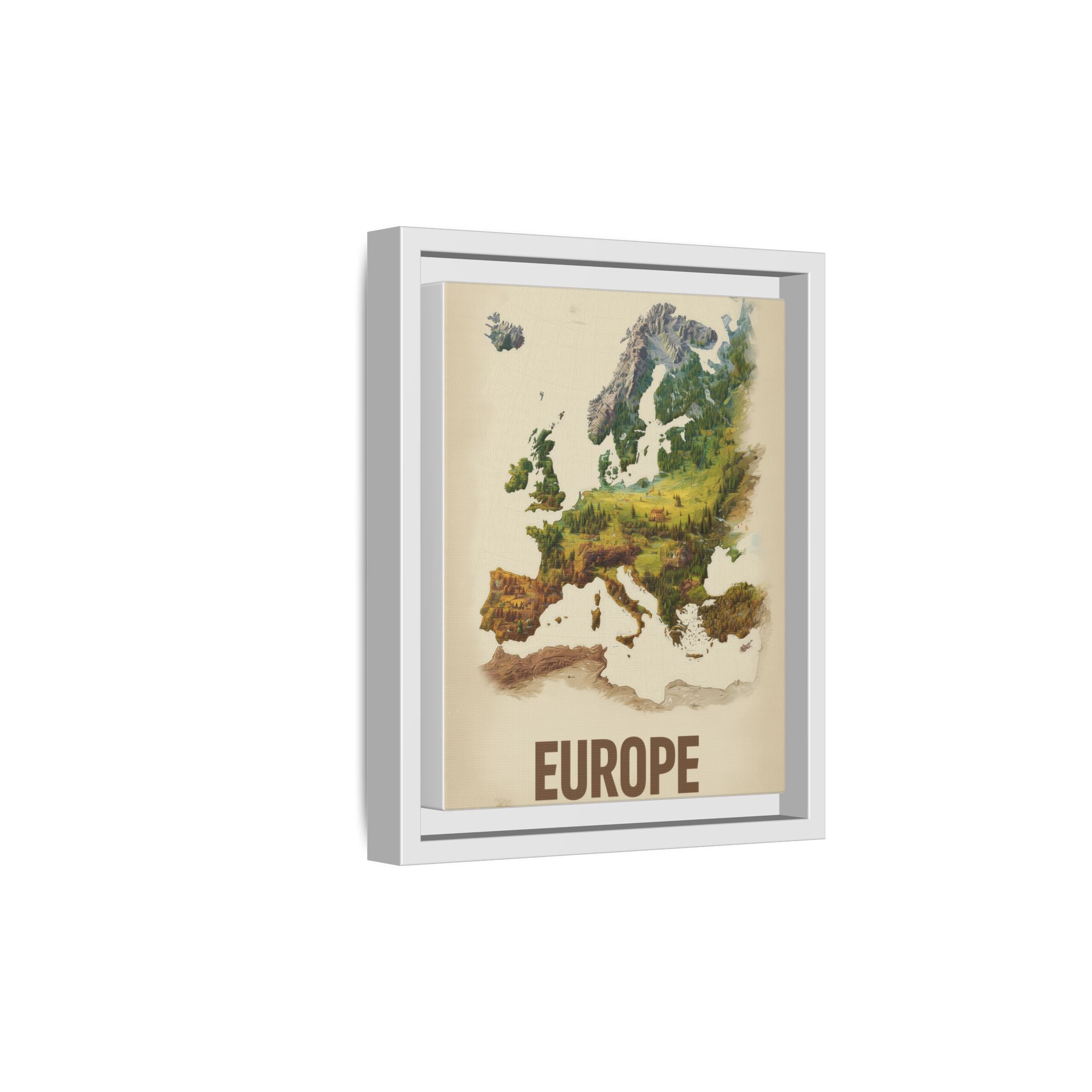 Framed Europe Map Canvas Print — Vintage Landscape Style Wall Art