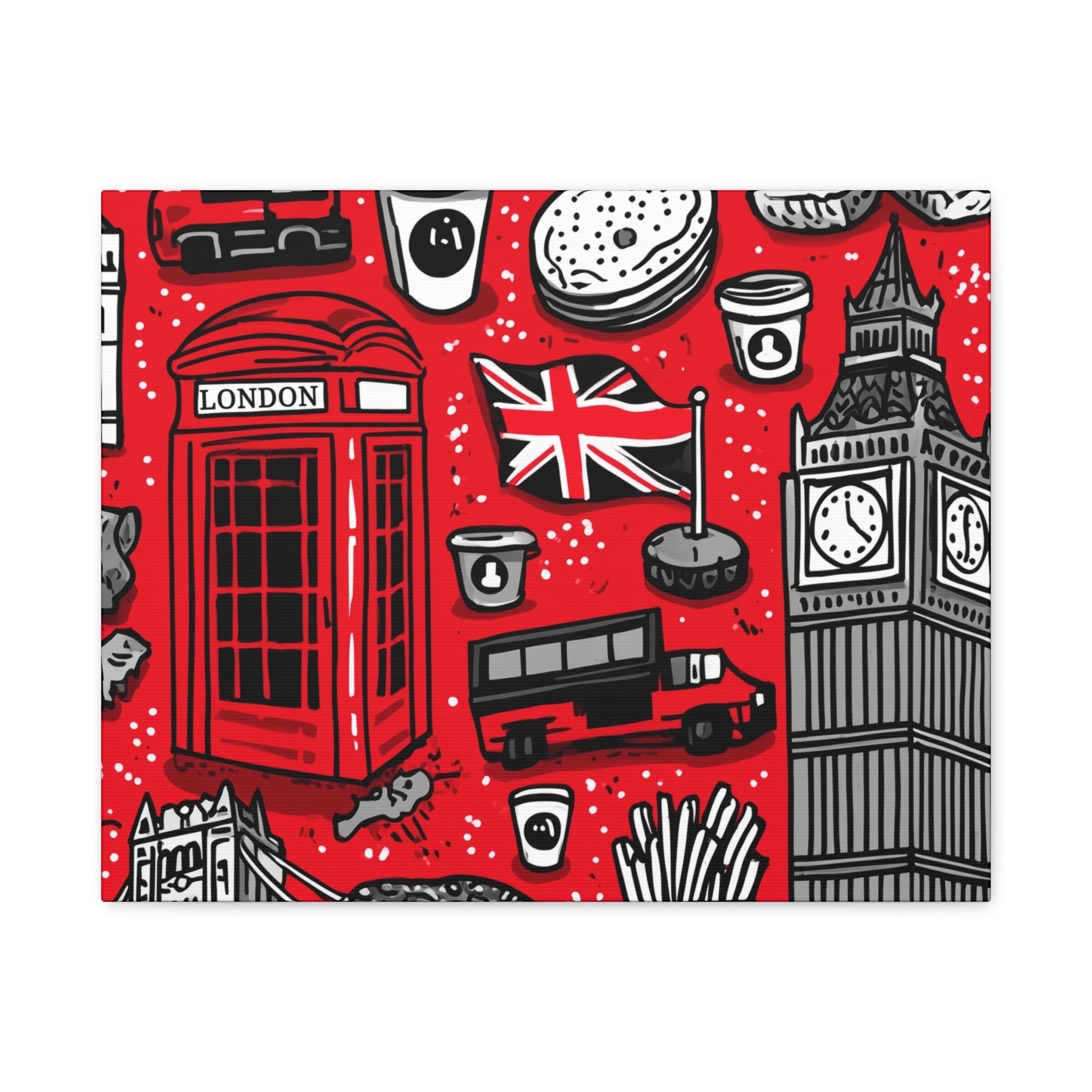 London-Themed Canvas Art, Wall Decor, Home Office Artwork, UK Travel Gift, British Culture Decor, Red and Black Design