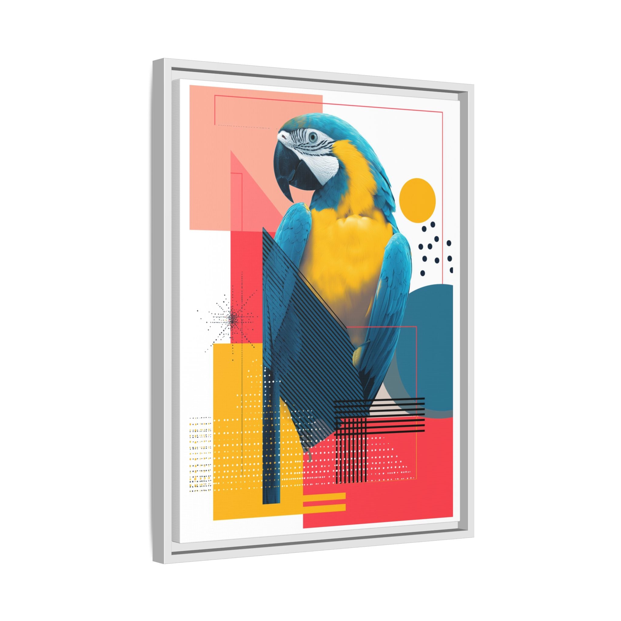 Prismatic Parrot Framed Print: Blue and Yellow Macaw in Geometric Space, Digital Art Composition   |  Personalized & Custom Orders Available