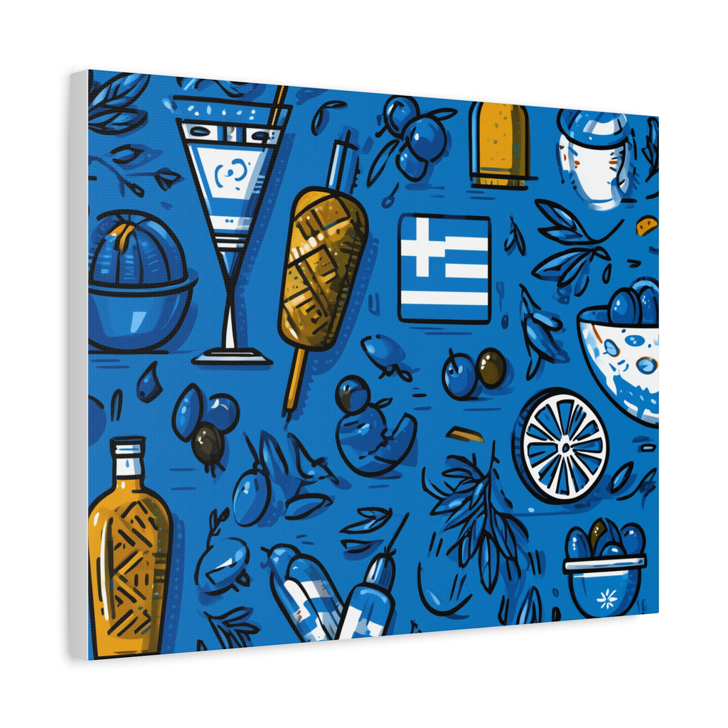 Vibrant Canvas Wall Art, Blue Mediterranean Theme, Kitchen Decor, Greek Party Decor, Olive and Drink Motif