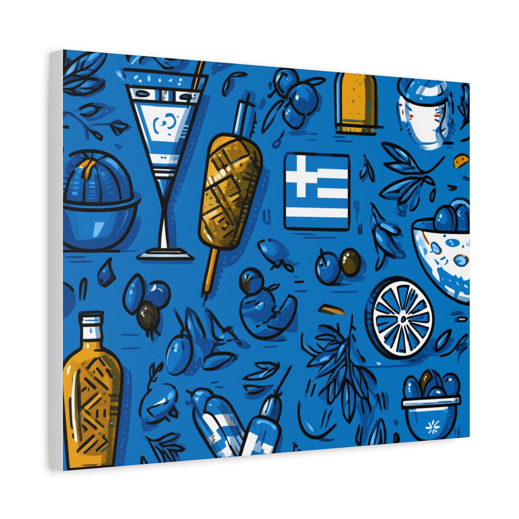 Vibrant Canvas Wall Art, Blue Mediterranean Theme, Kitchen Decor, Greek Party Decor, Olive and Drink Motif