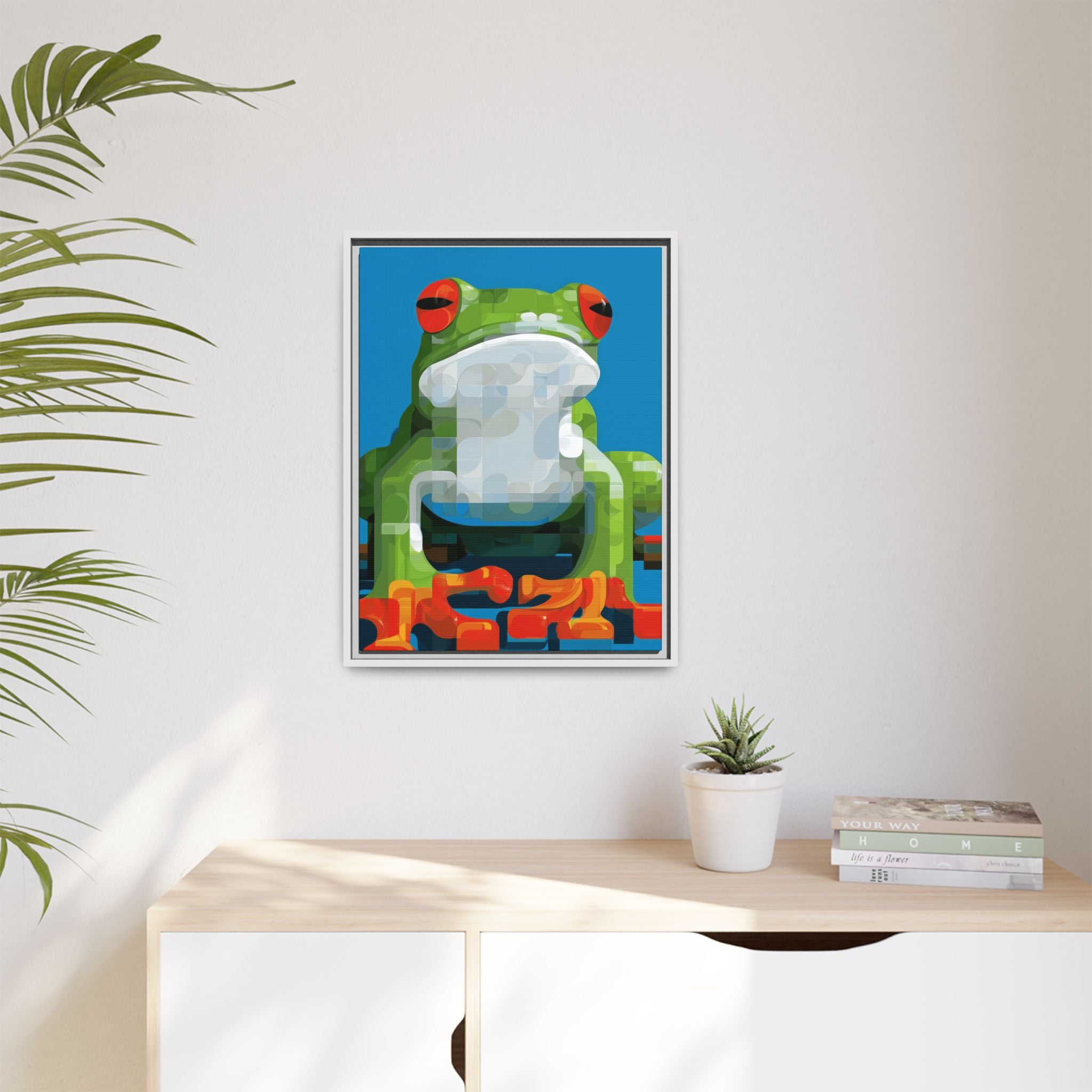 Pixel Frog Framed Print : Geometric Digital Art, Mosaic Amphibian Portrait   |  Personalized & Custom Orders Available