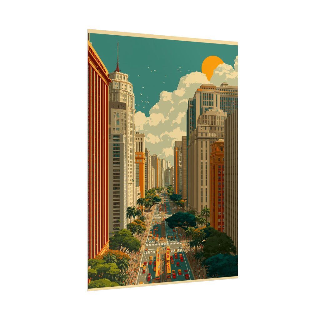 Urban Vibrancy: Retro Sao Paulo Skyline, Mid-Century Modern Cityscape   |    Custom Orders Available