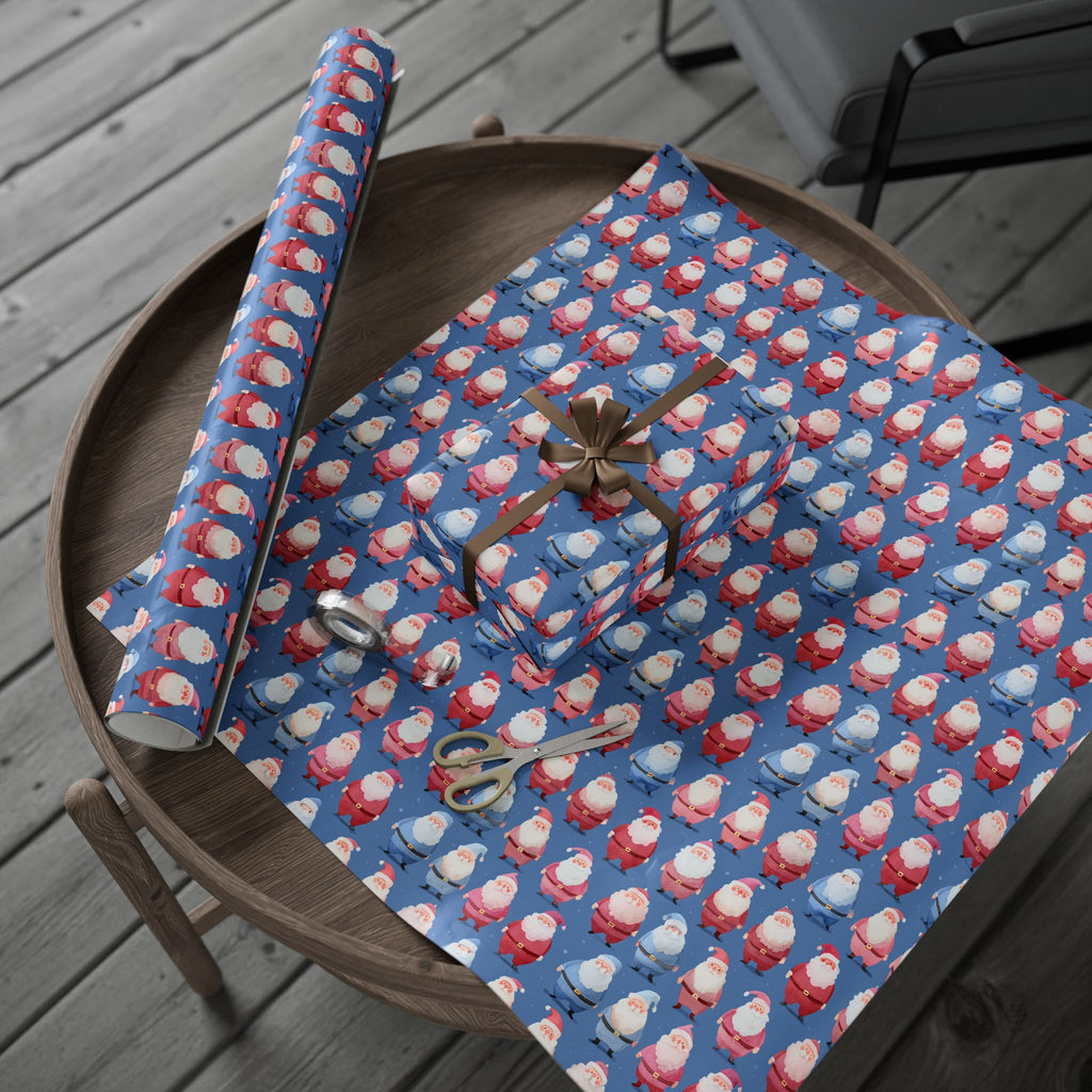 Santa Pattern Wrapping Paper Roll — Festive Blue Christmas Gift Wrap