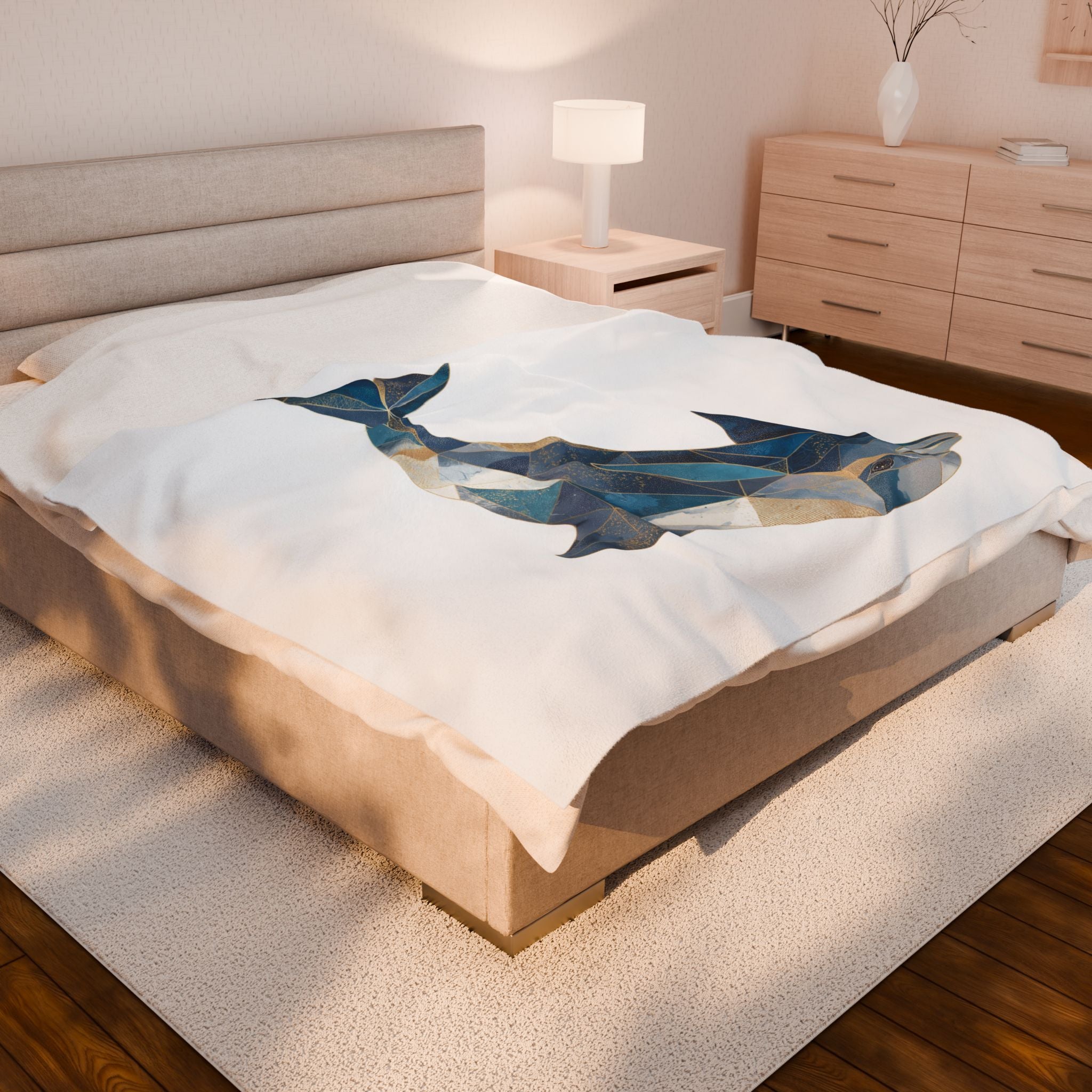 Ocean's Geometry Bedding: Mosaic Dolphin, Coastal Triangular Art, Blue and Gold Dolphin Design   |  Personalized & Custom Orders Available